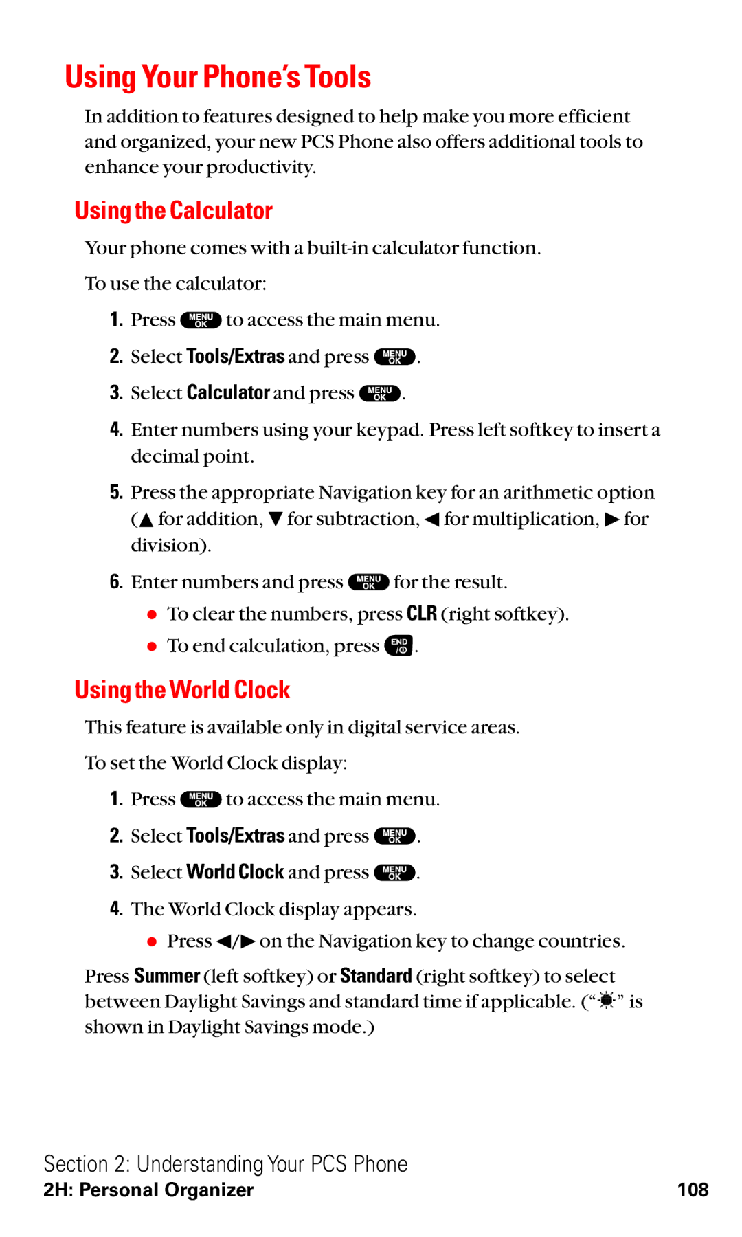 Sanyo RL2500 manual Using Your Phone’s Tools, Using the Calculator, Using the World Clock 