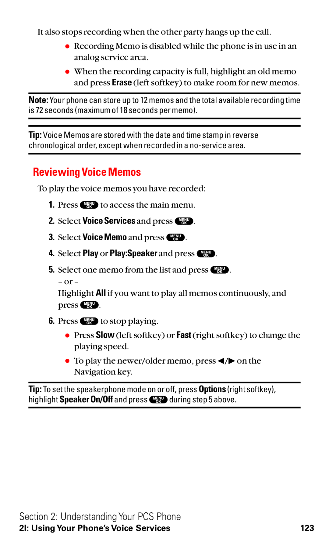 Sanyo RL2500 manual Reviewing Voice Memos 