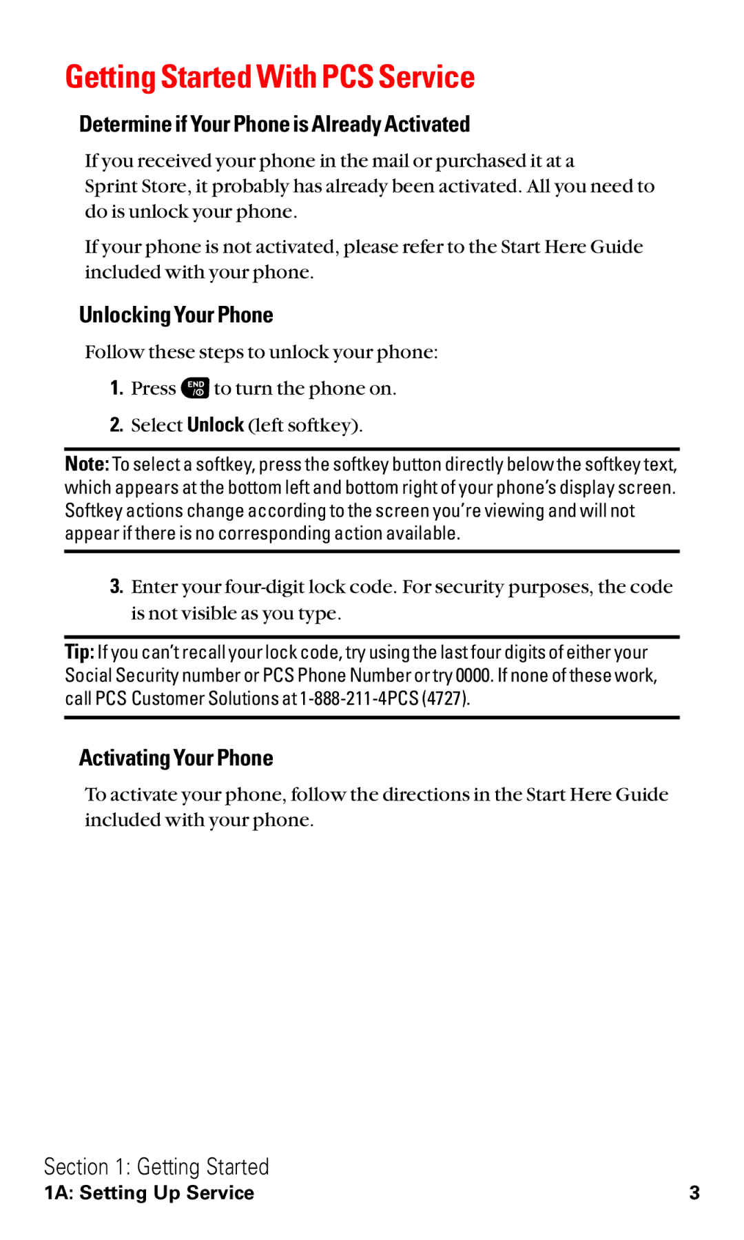 Sanyo RL2500 manual Getting Started With PCS Service, Determine if Your Phone is Already Activated, Unlocking Your Phone 