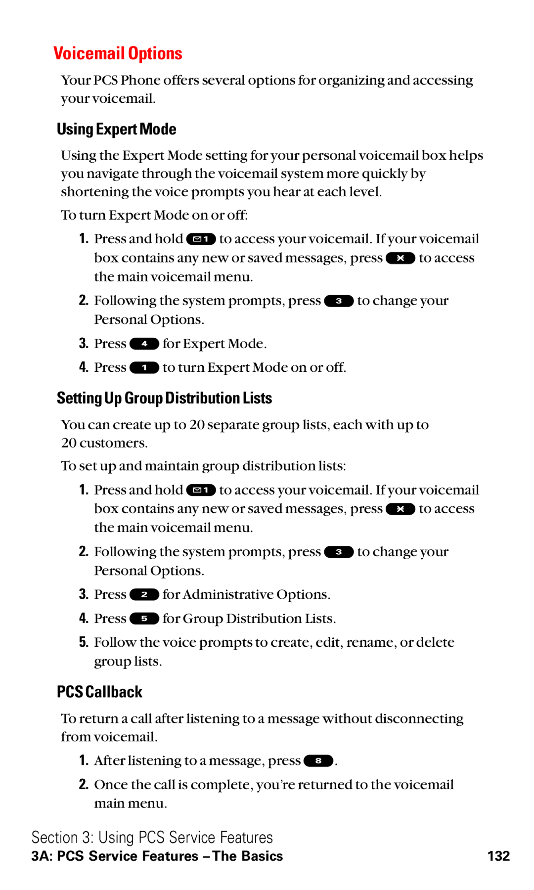 Sanyo RL2500 manual Voicemail Options, Using Expert Mode, Setting Up Group Distribution Lists, PCS Callback 