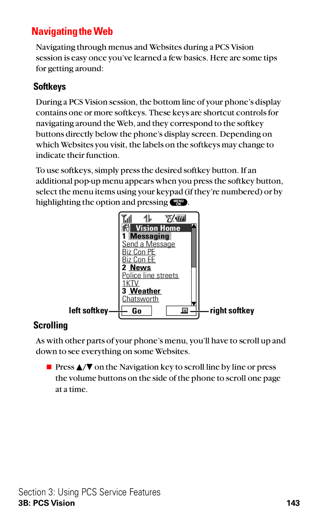 Sanyo RL2500 manual Navigating the Web, Softkeys, Scrolling, Left softkey 