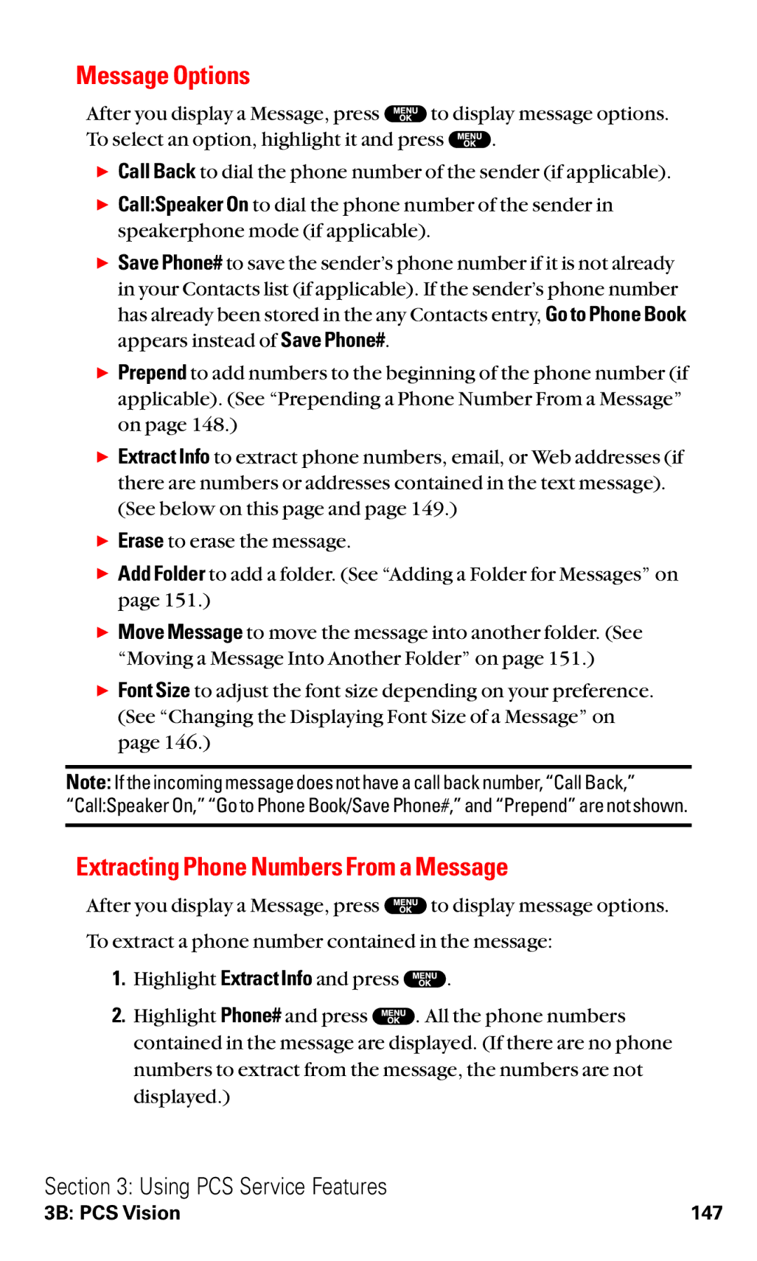 Sanyo RL2500 manual Message Options, Extracting Phone Numbers From a Message 