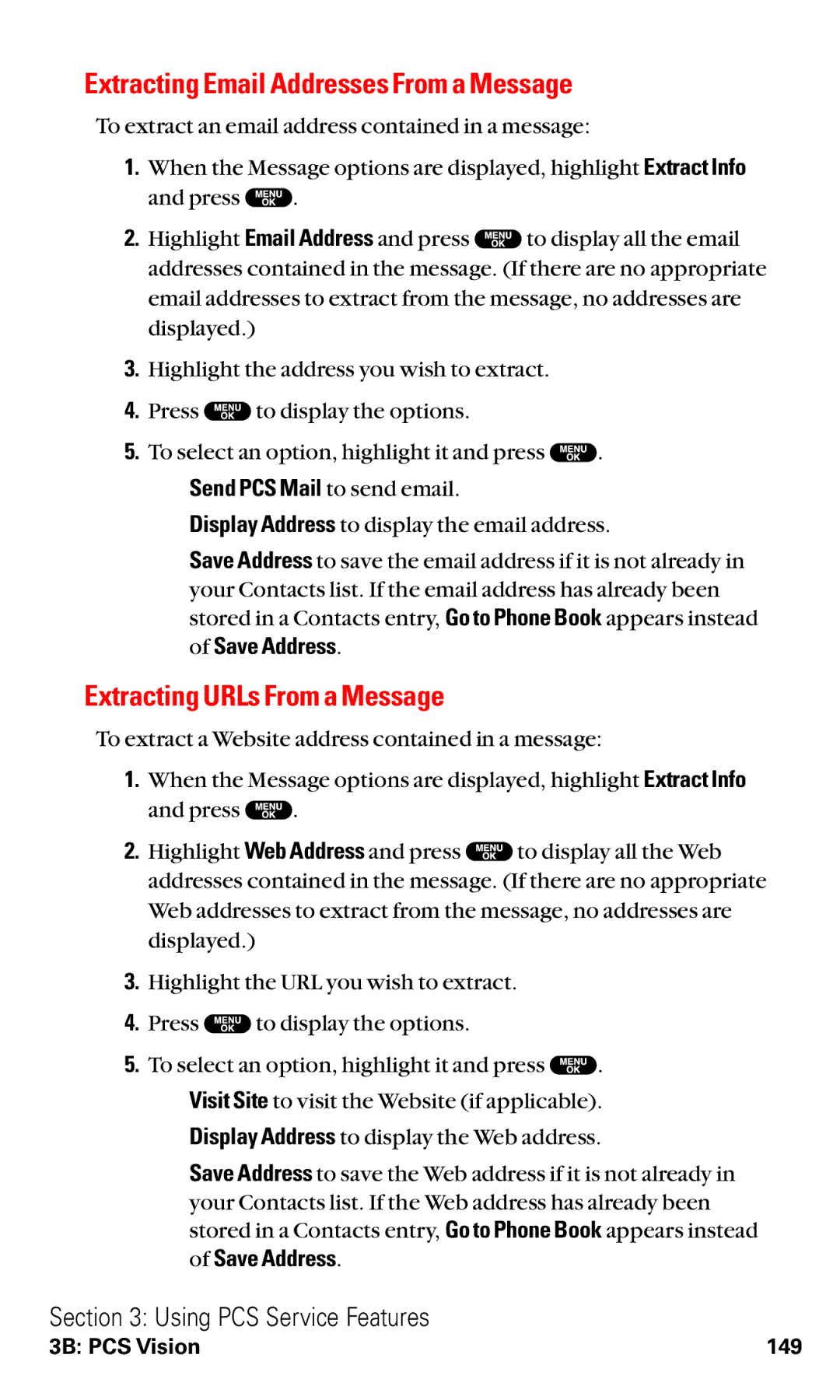 Sanyo RL2500 Extracting Email Addresses From a Message, Extracting URLs From a Message,  Send PCS Mail to send email 