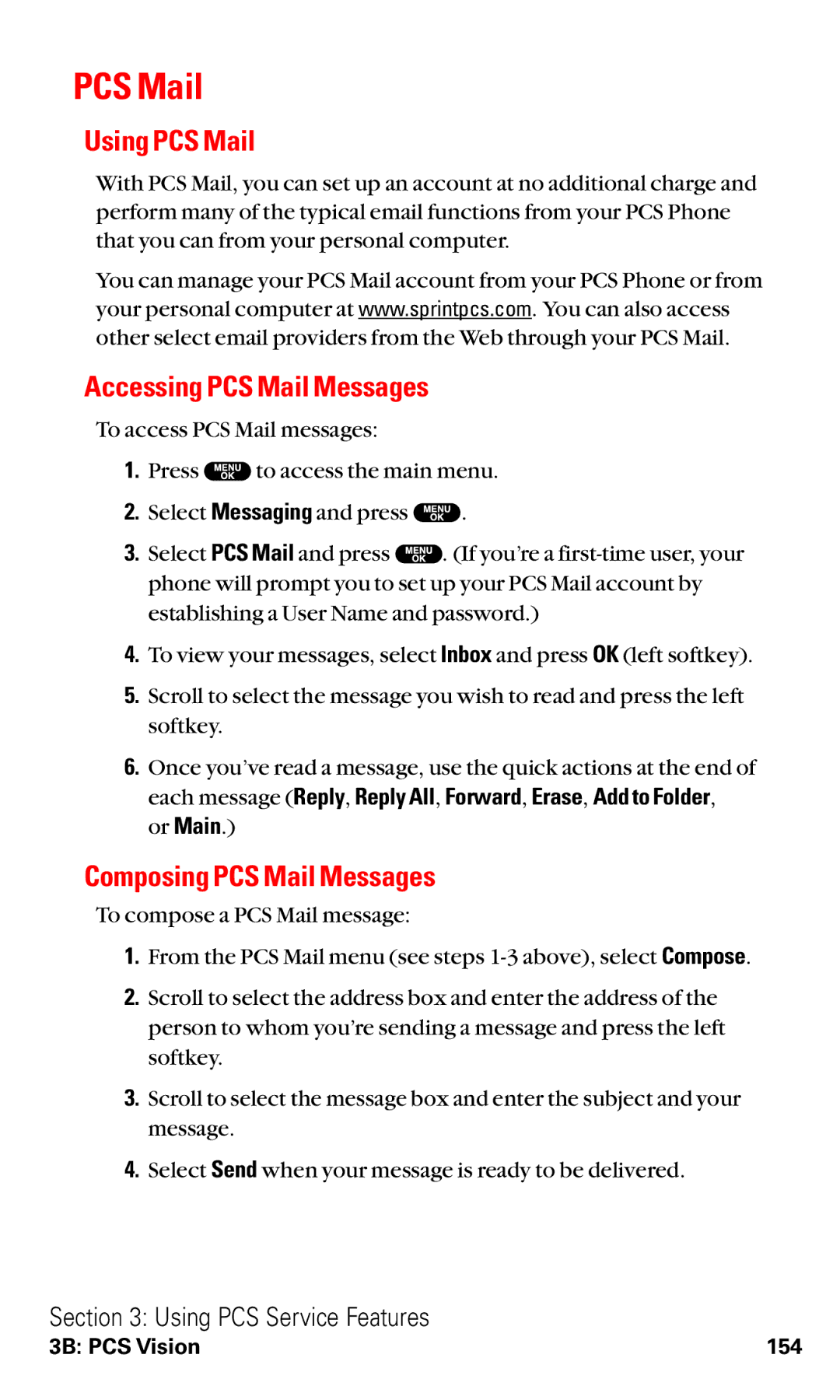 Sanyo RL2500 manual Using PCS Mail, Accessing PCS Mail Messages, Composing PCS Mail Messages 