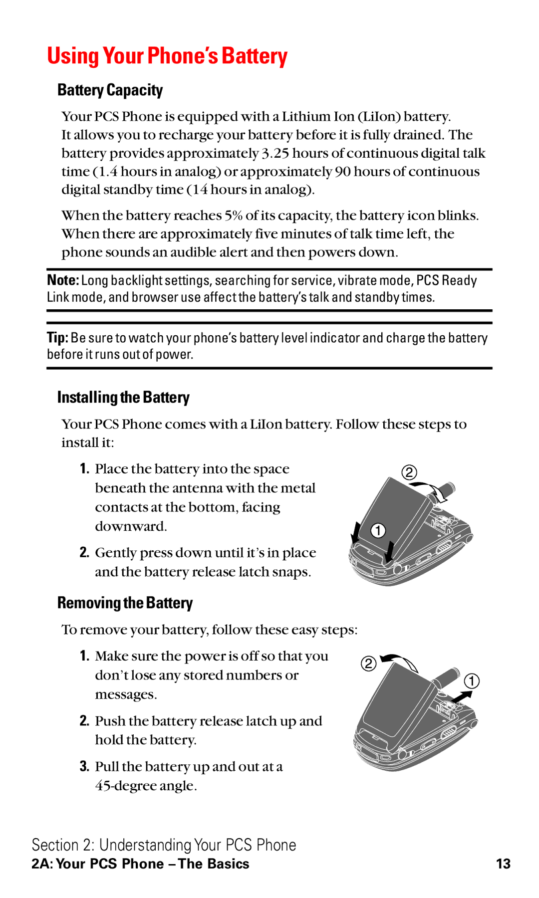 Sanyo RL2500 manual Using Your Phone’s Battery, Battery Capacity, Installingthe Battery, Removingthe Battery 