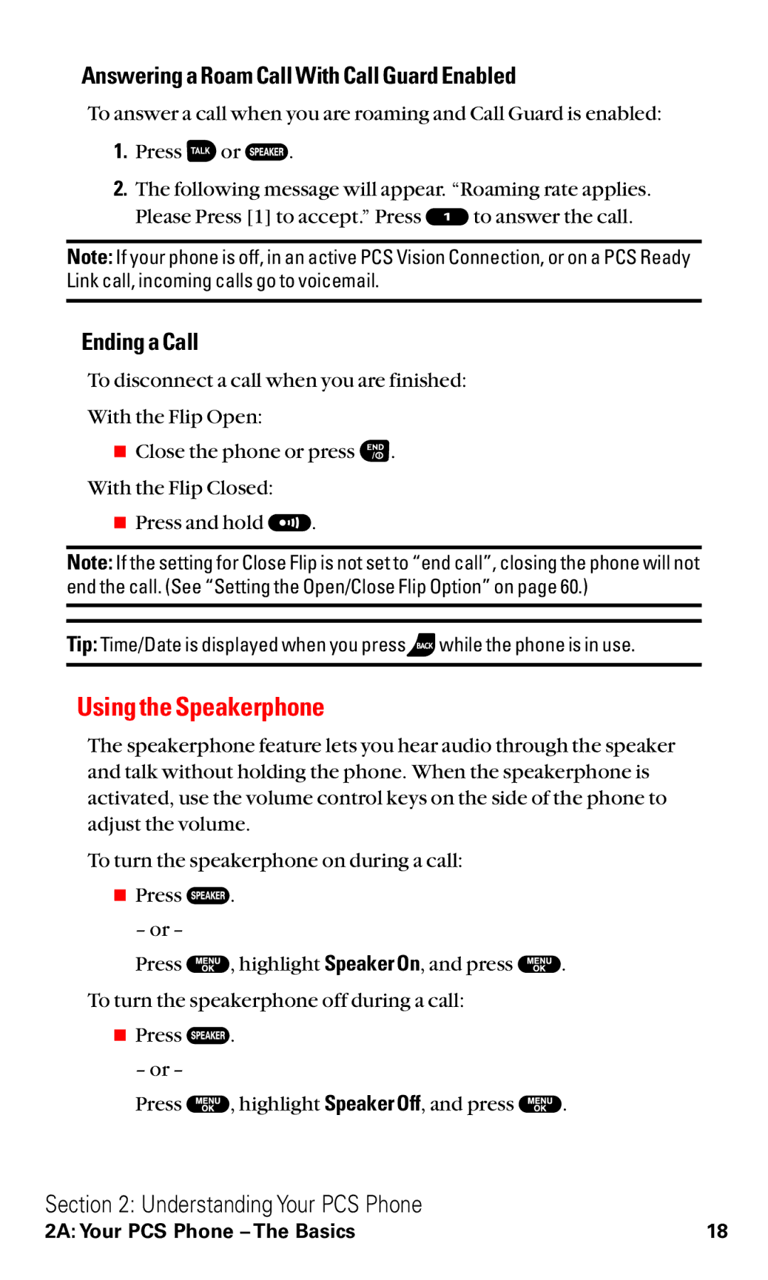 Sanyo RL2500 manual Using the Speakerphone, Answering a Roam Call With Call Guard Enabled, Ending a Call 