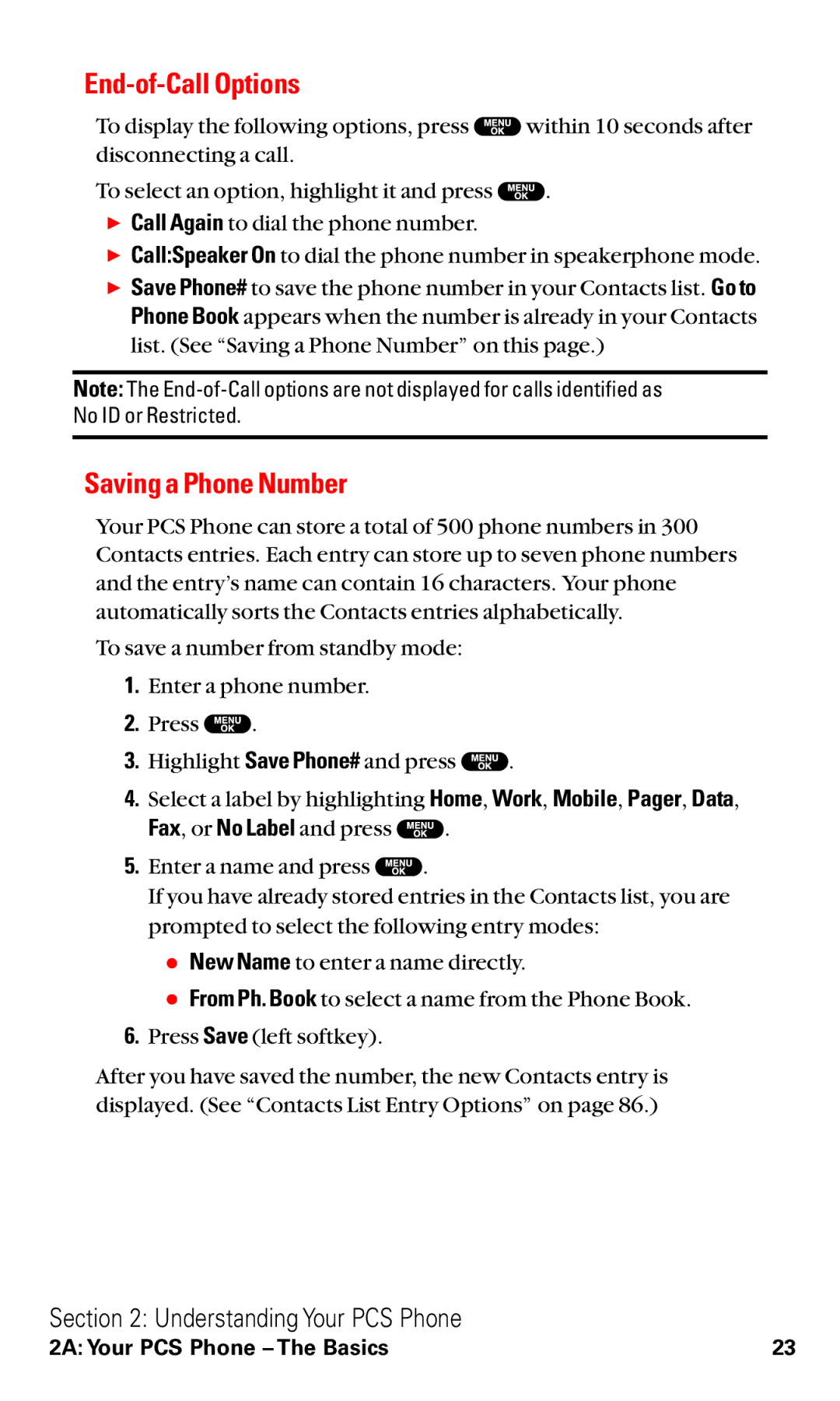 Sanyo RL2500 manual End-of-Call Options, Saving a Phone Number 