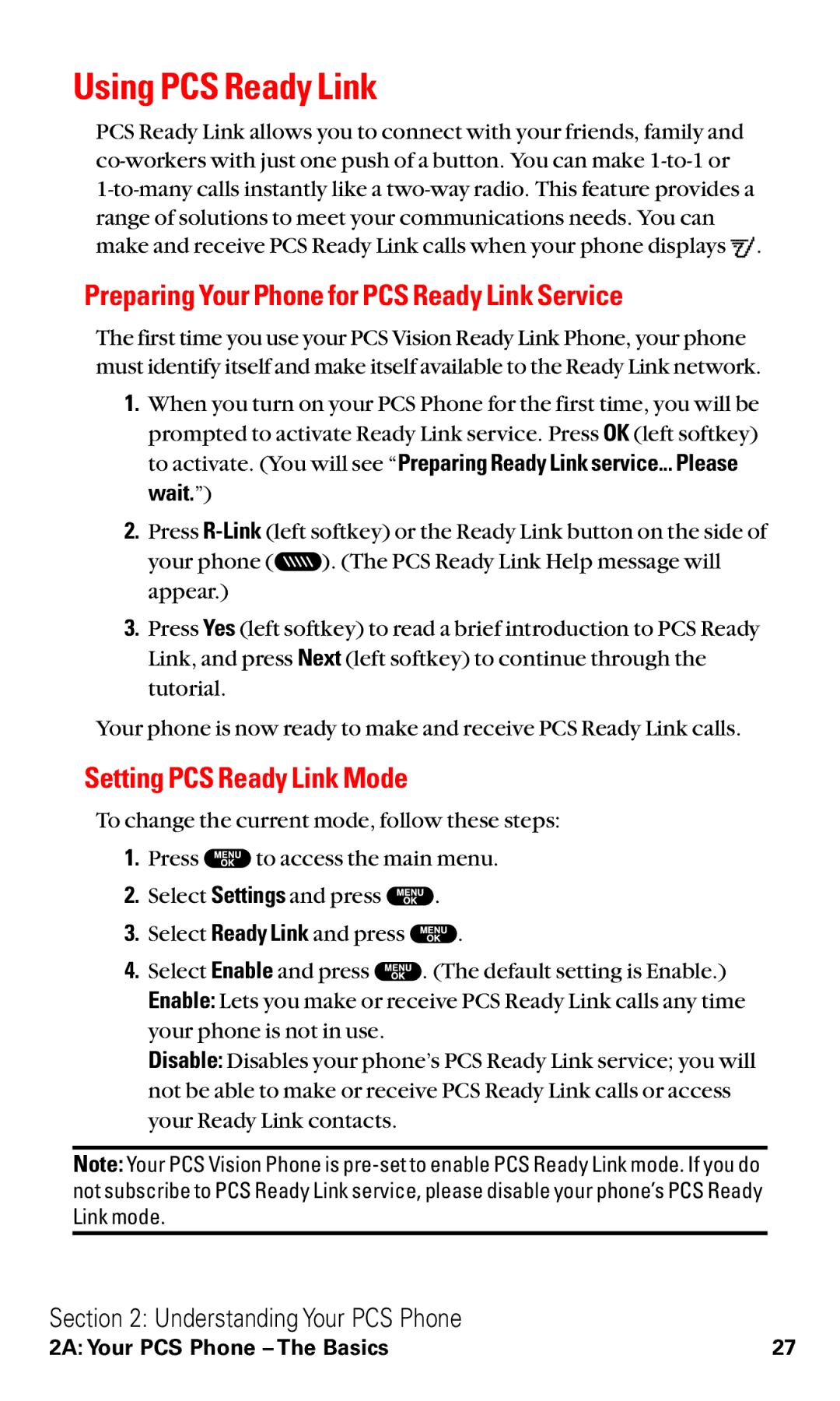 Sanyo RL2500 manual Using PCS Ready Link, Preparing Your Phone for PCS Ready Link Service, Setting PCS Ready Link Mode 