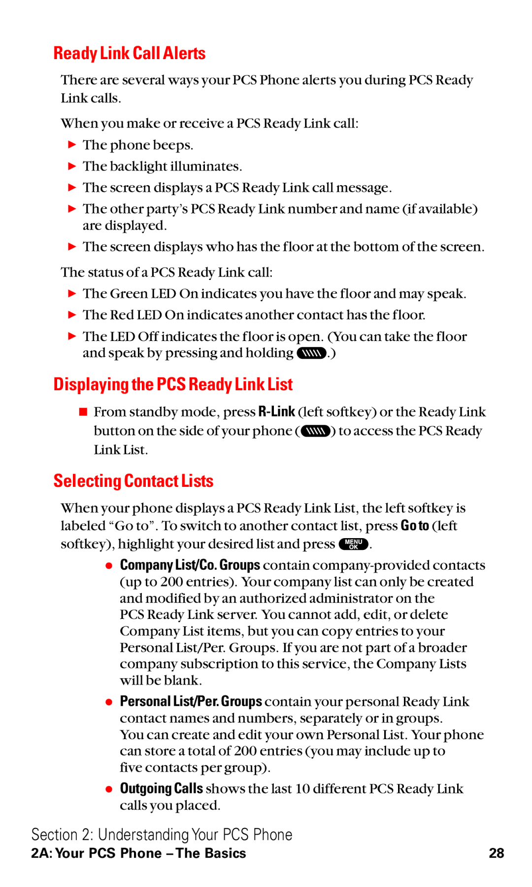 Sanyo RL2500 manual Ready Link Call Alerts, Displaying the PCS Ready Link List, Selecting Contact Lists 