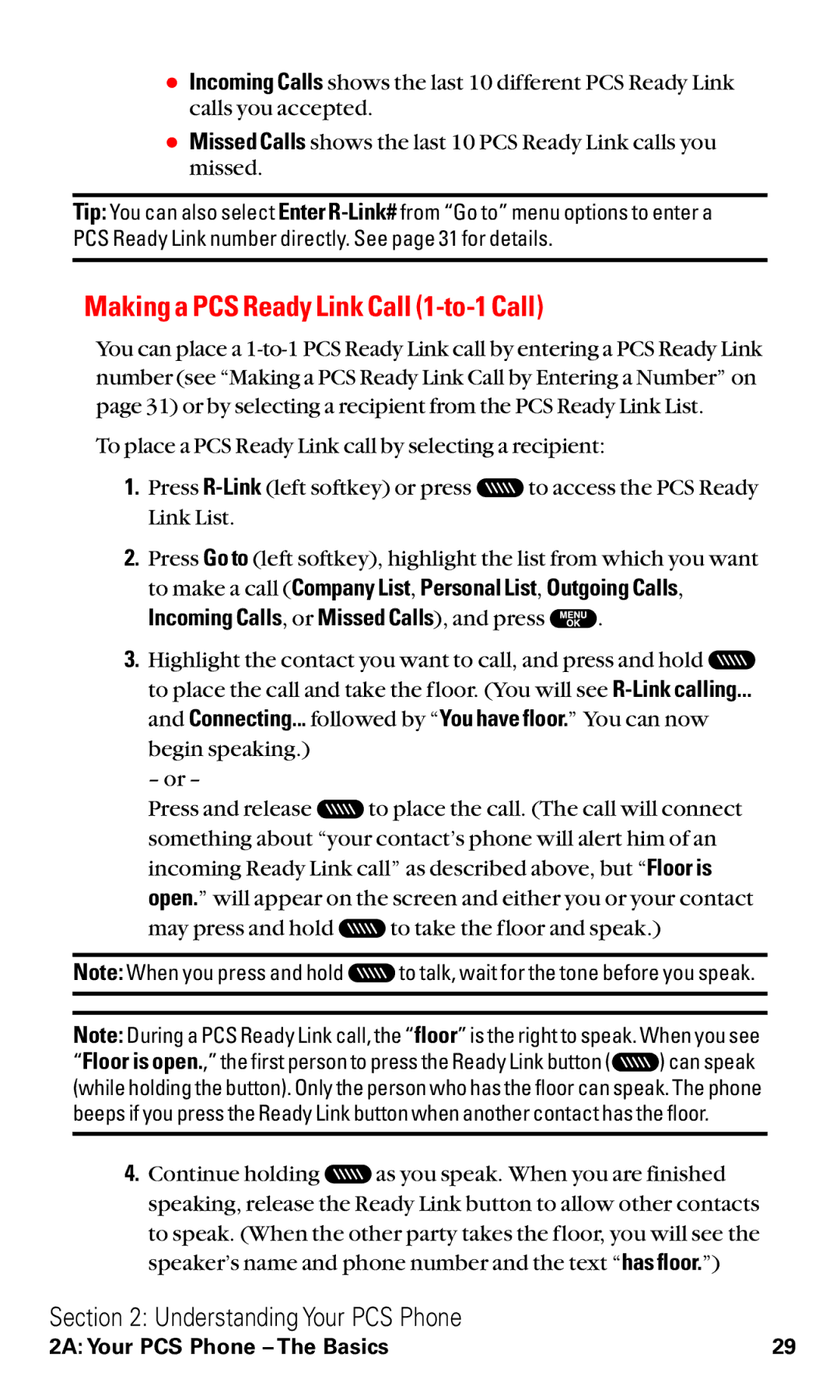 Sanyo RL2500 manual Making a PCS Ready Link Call 1-to-1 Call, Incoming Calls, or Missed Calls, and press 