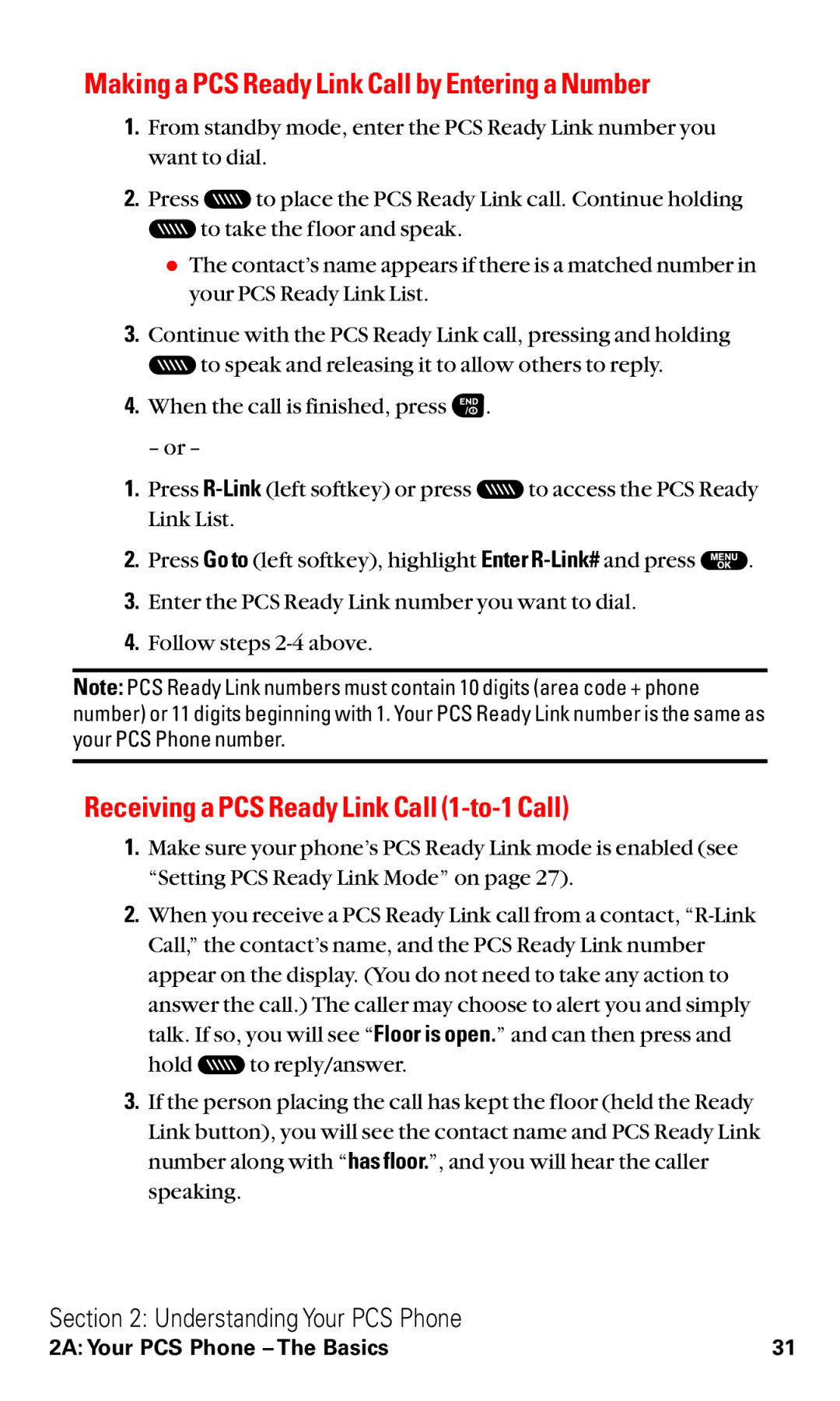 Sanyo RL2500 manual Making a PCS Ready Link Call by Entering a Number, Receiving a PCS Ready Link Call 1-to-1 Call 