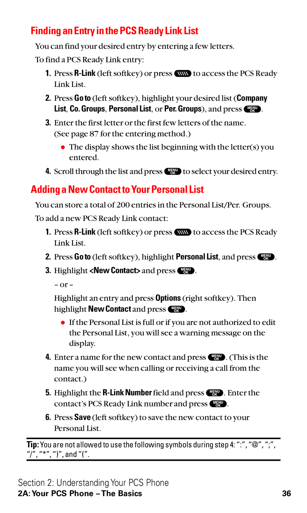 Sanyo RL2500 manual Finding an Entry in the PCS Ready Link List, Adding a New Contact to Your Personal List 