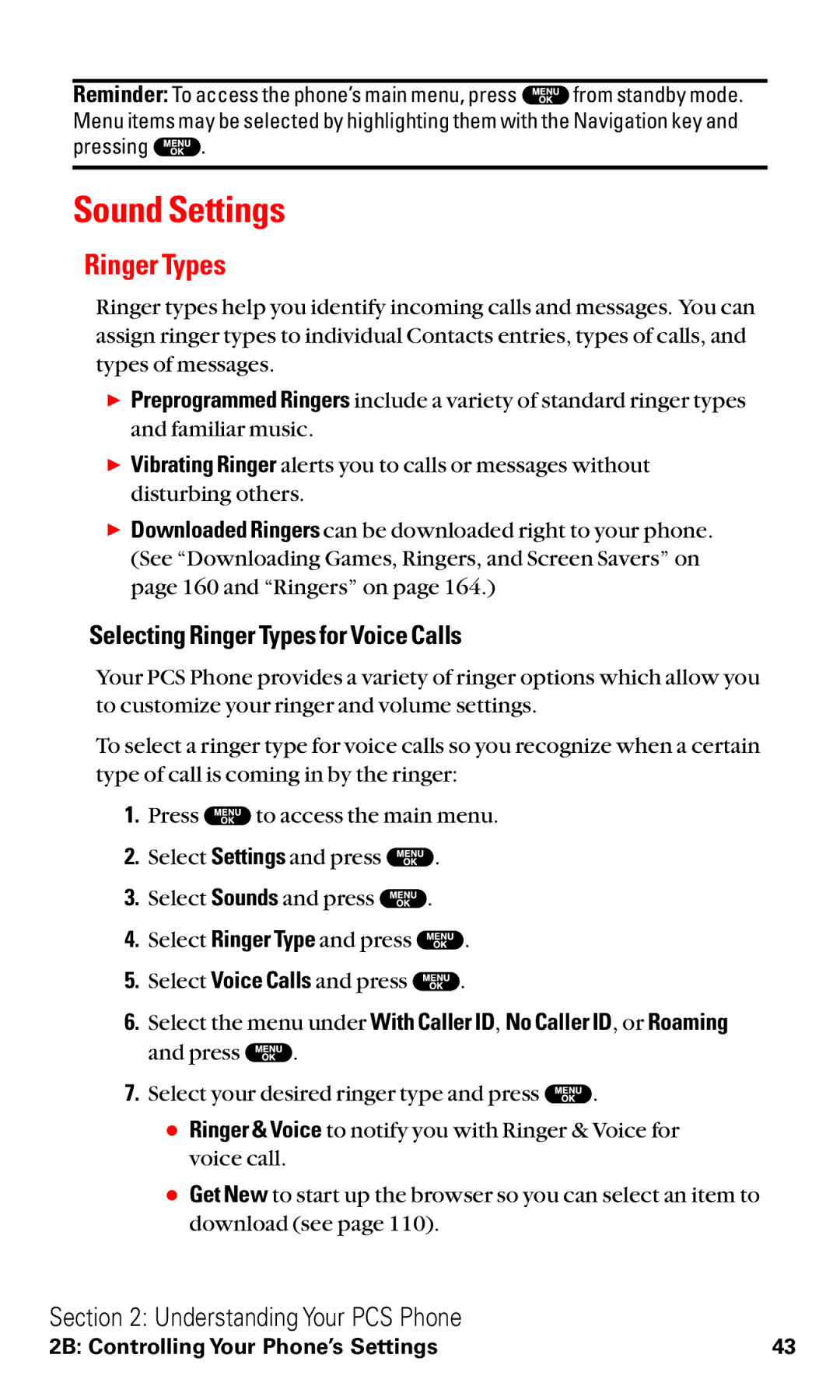 Sanyo RL2500 manual Sound Settings, Selecting Ringer Types for Voice Calls 