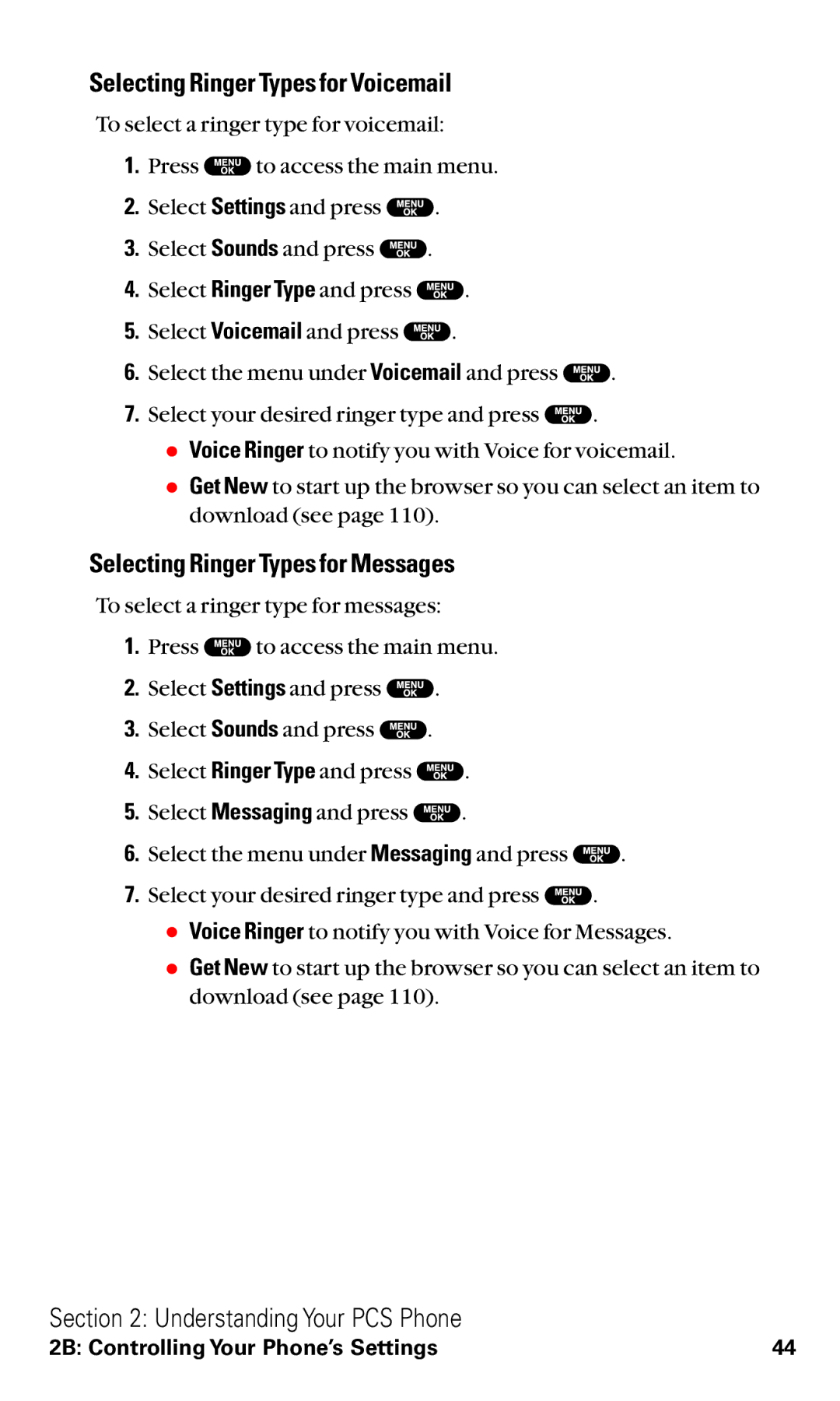 Sanyo RL2500 manual Selecting Ringer Types for Voicemail, Selecting Ringer Types for Messages 