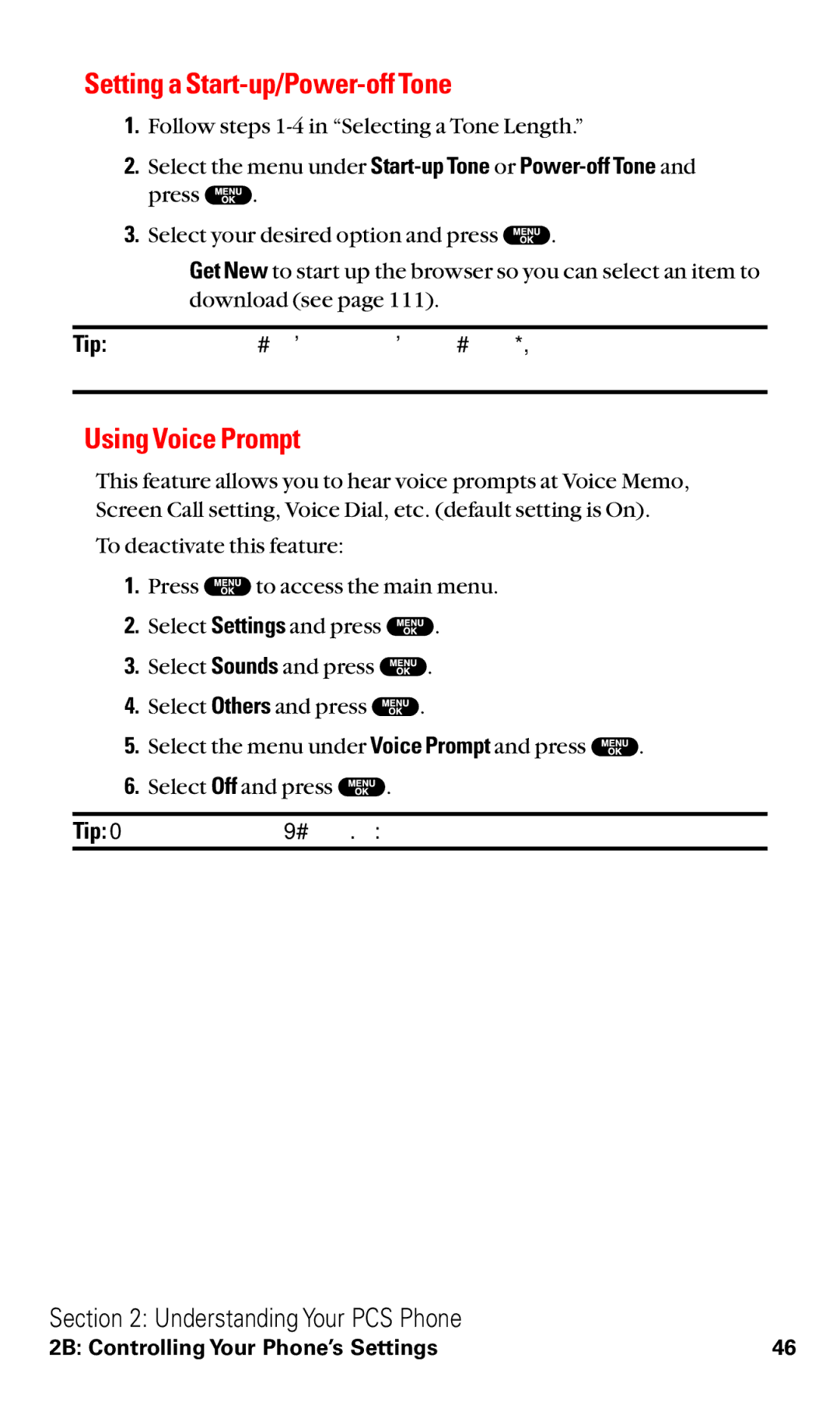 Sanyo RL2500 Setting a Start-up/Power-off Tone, Using Voice Prompt, Select the menu under Start-up Tone or Power-off Tone 