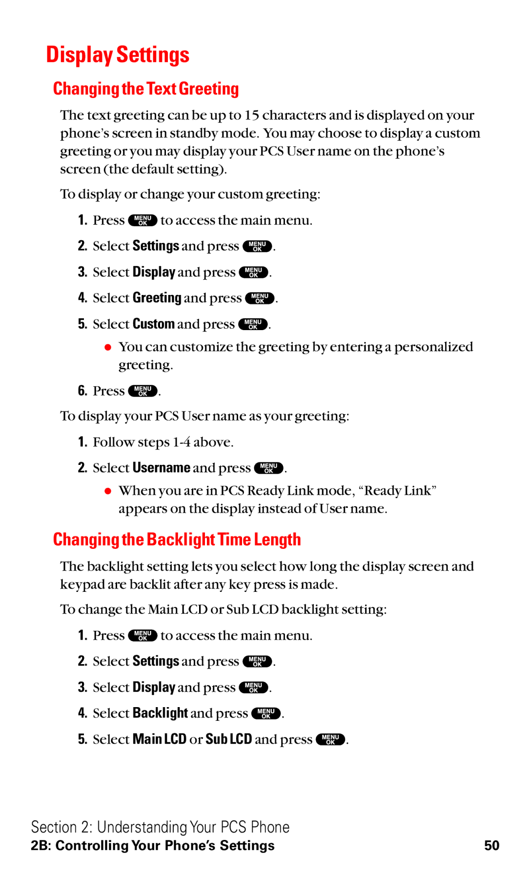 Sanyo RL2500 manual Display Settings, Changing the Text Greeting, Changing the Backlight Time Length 