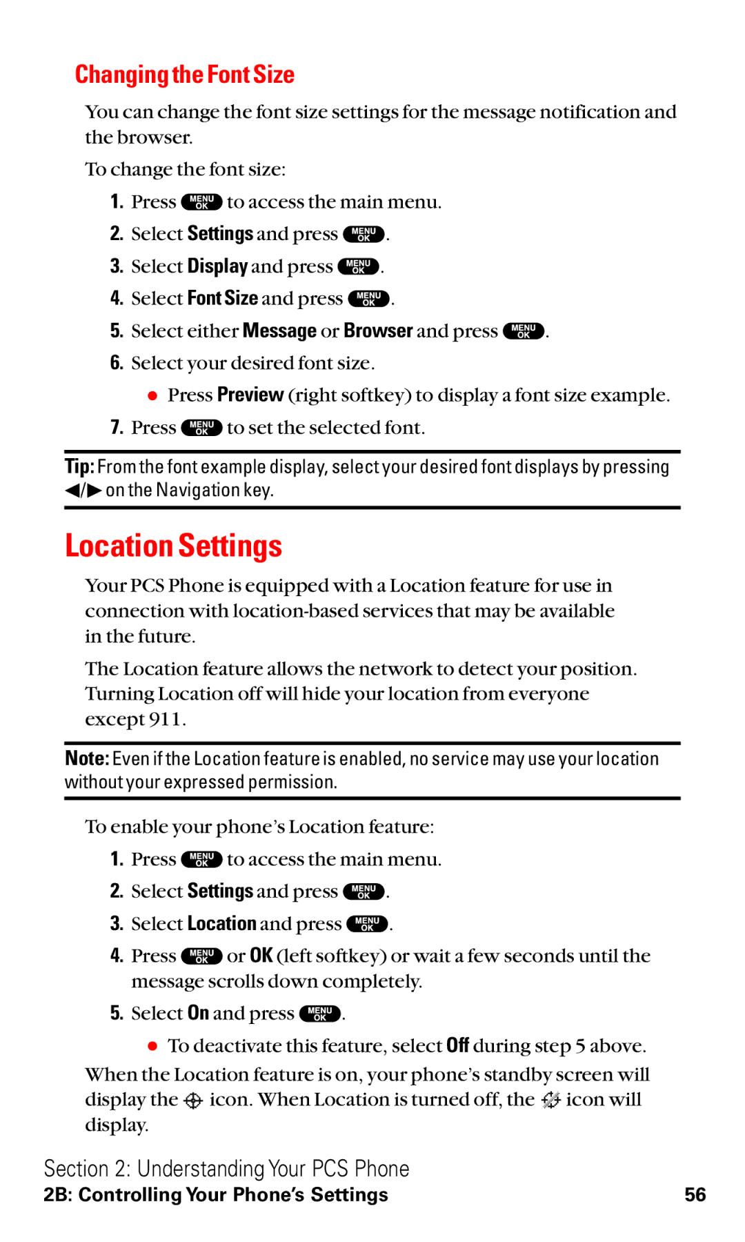 Sanyo RL2500 manual Location Settings, Changing the Font Size 