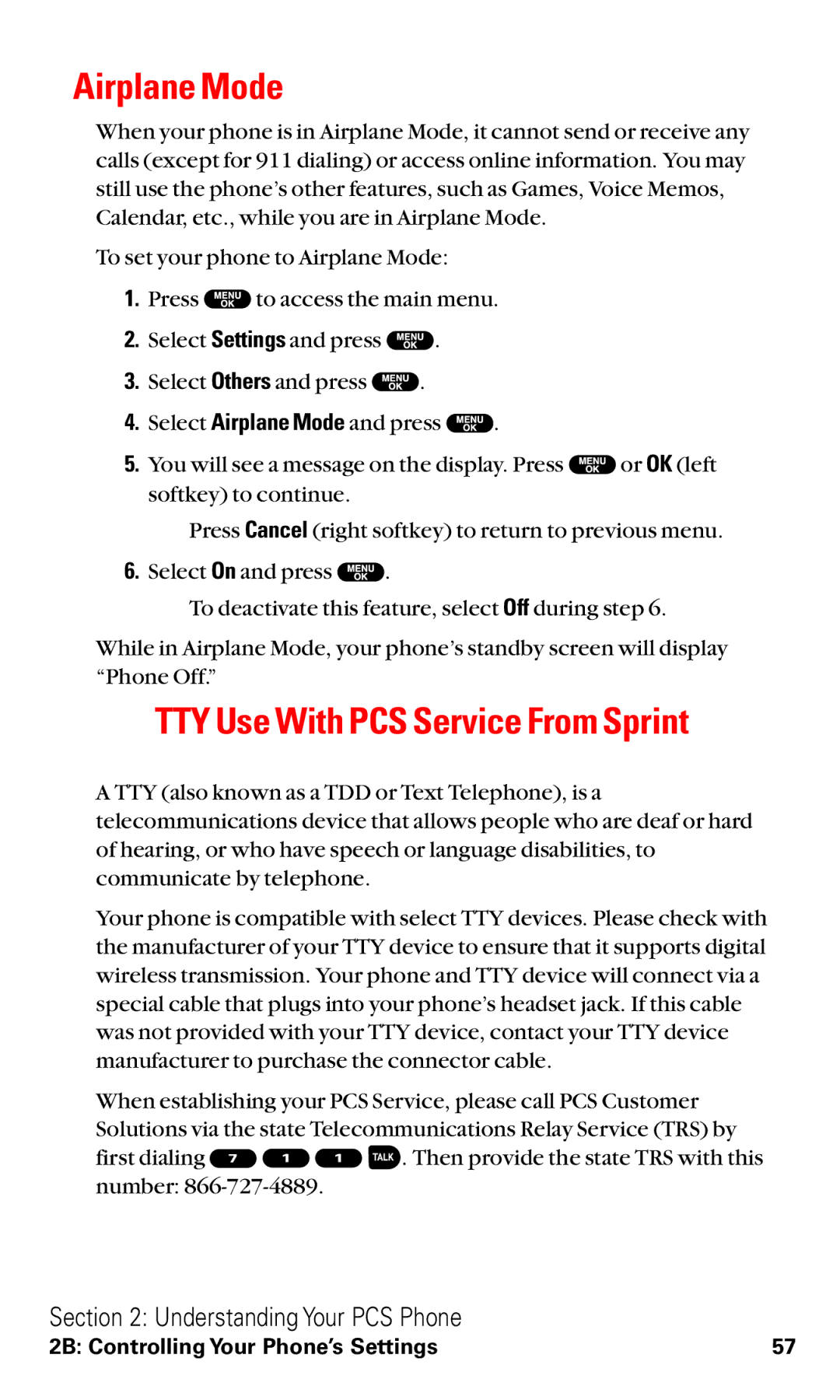 Sanyo RL2500 manual Airplane Mode, TTY Use With PCS Service From Sprint 