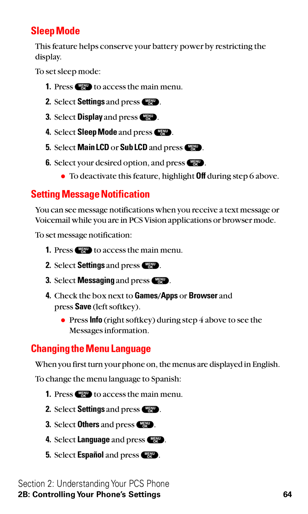 Sanyo RL2500 manual Sleep Mode, Setting Message Notification, Changing the Menu Language 