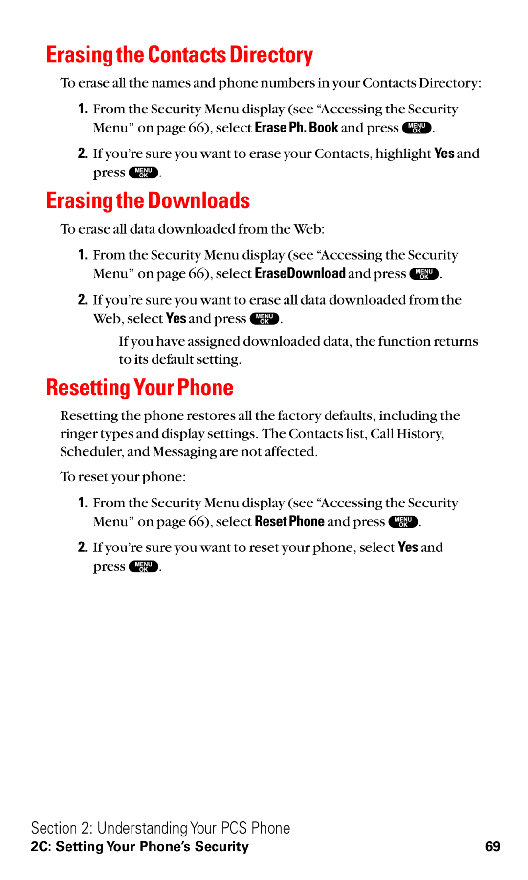 Sanyo RL2500 manual Erasing the Contacts Directory, Erasing the Downloads, Resetting Your Phone 