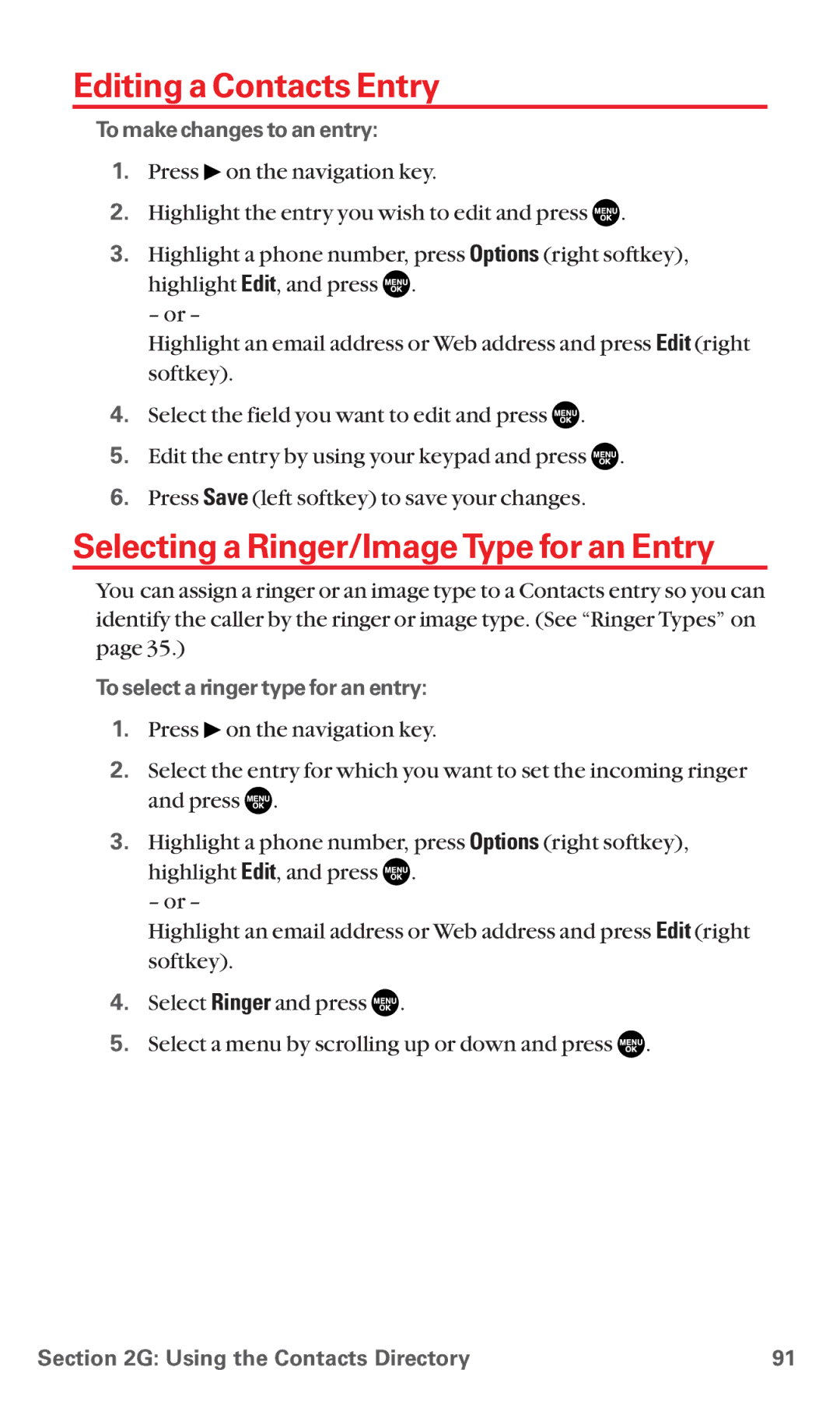 Sanyo RL7300 manual Editing a Contacts Entry, Selecting a Ringer/Image Type for an Entry, To make changes to an entry 