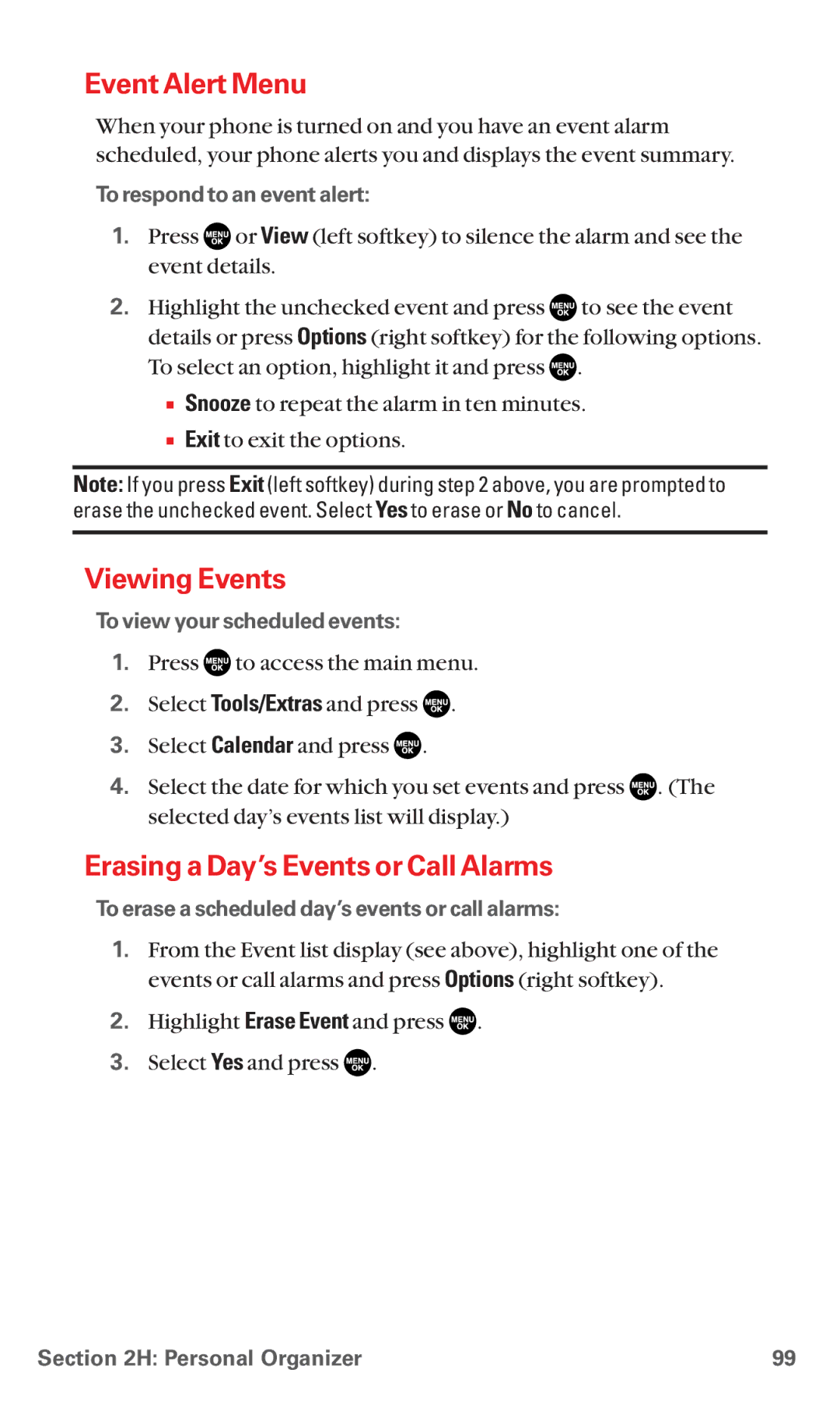 Sanyo RL7300 manual Event Alert Menu, Viewing Events, Erasing a Day’s Events or Call Alarms 