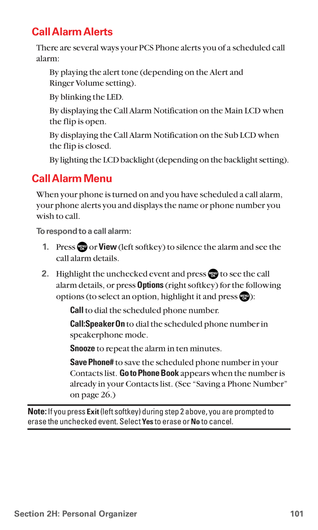 Sanyo RL7300 manual Call Alarm Alerts, Call Alarm Menu, To respond to a call alarm, Personal Organizer 101 