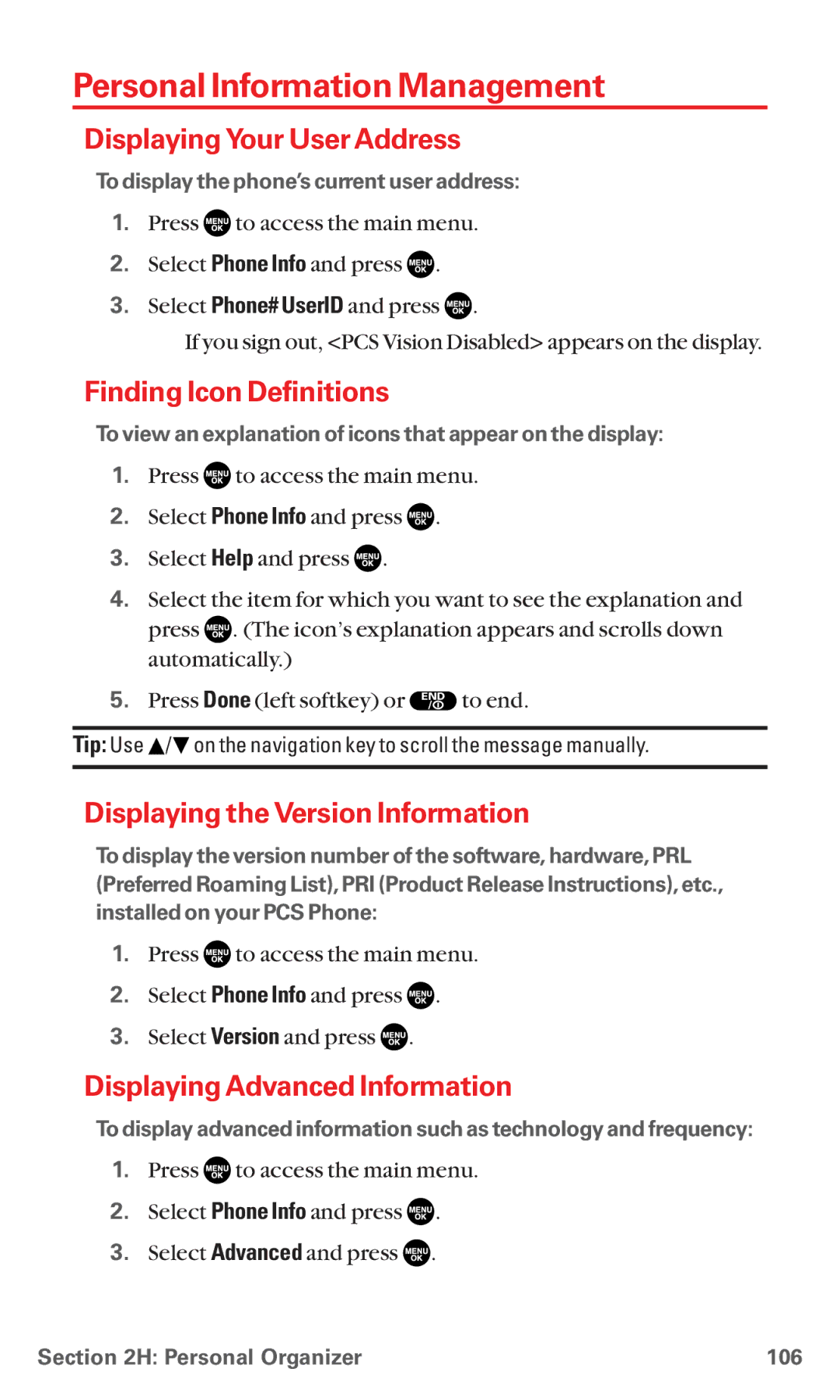 Sanyo RL7300 manual Personal Information Management, Displaying Your User Address, Finding Icon Definitions 