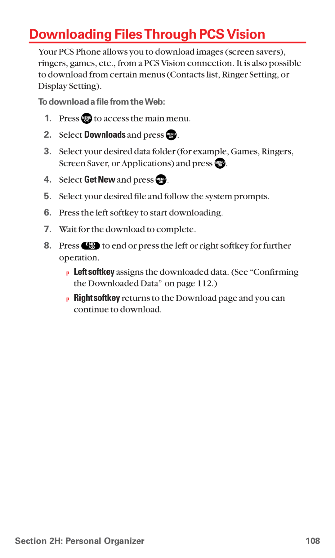 Sanyo RL7300 manual Downloading Files Through PCS Vision, To download a file from the Web, Personal Organizer 108 