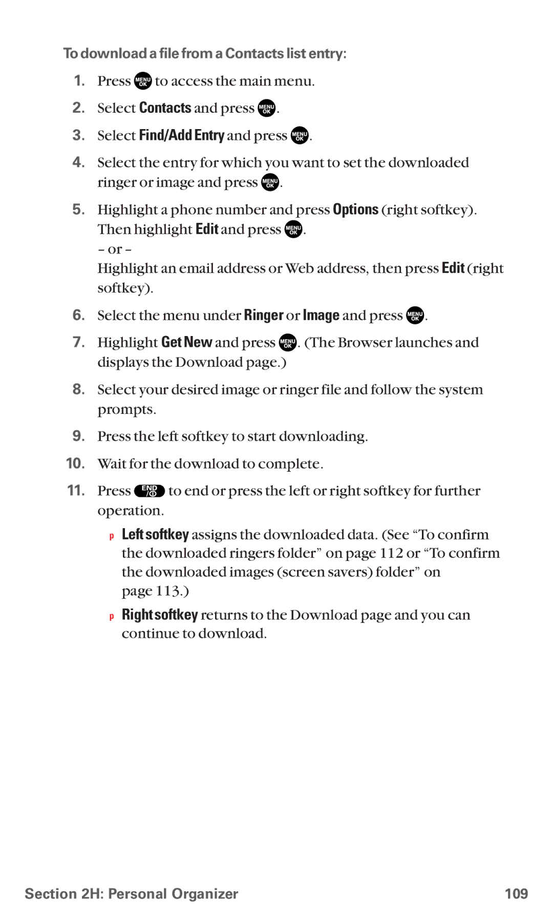 Sanyo RL7300 manual To download a file from a Contacts list entry, Personal Organizer 109 