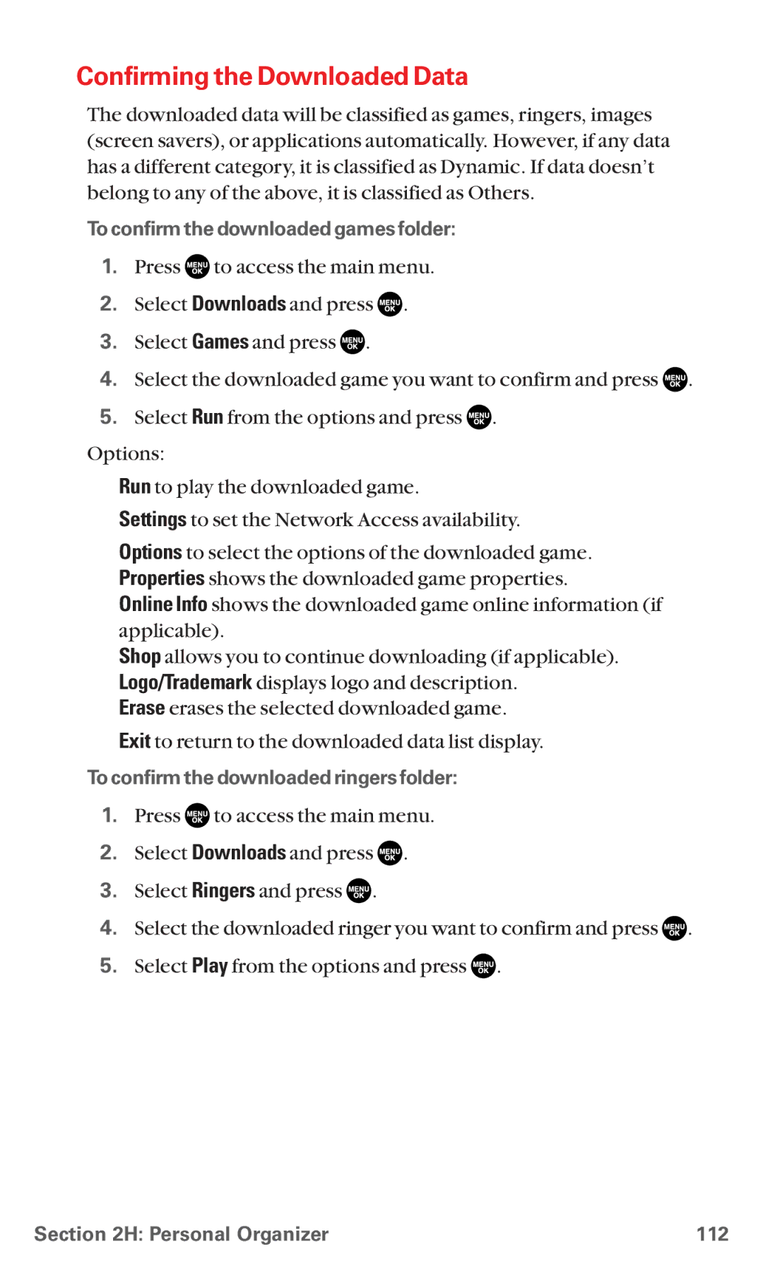 Sanyo RL7300 manual Confirming the Downloaded Data, To confirm the downloaded games folder, Personal Organizer 112 