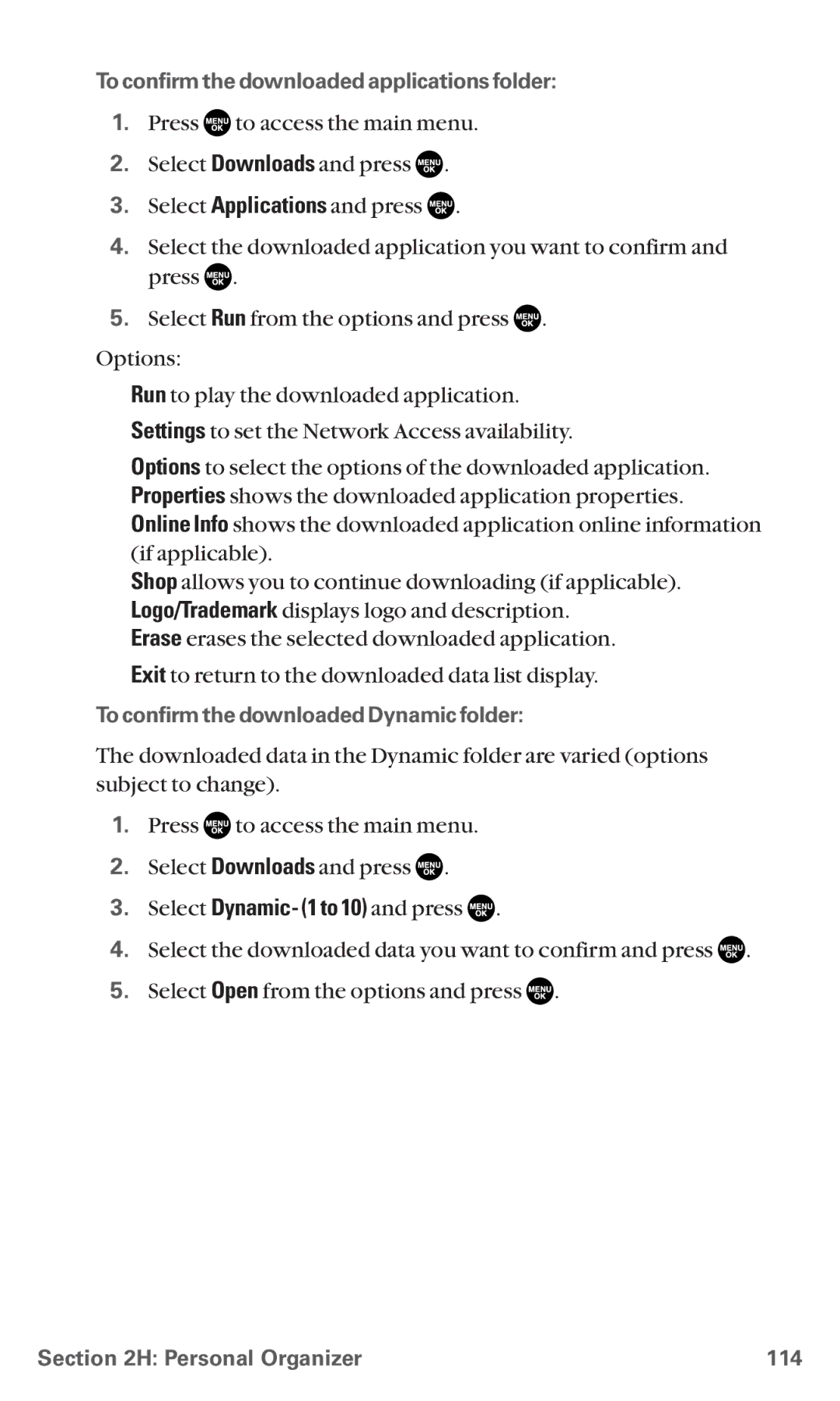 Sanyo RL7300 Select Dynamic- 1 to 10 and press, To confirm the downloaded applications folder, Personal Organizer 114 