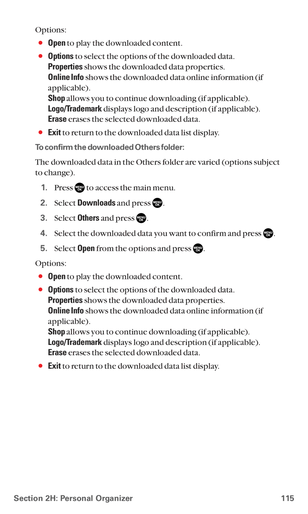 Sanyo RL7300 manual To confirm the downloaded Others folder, Personal Organizer 115 