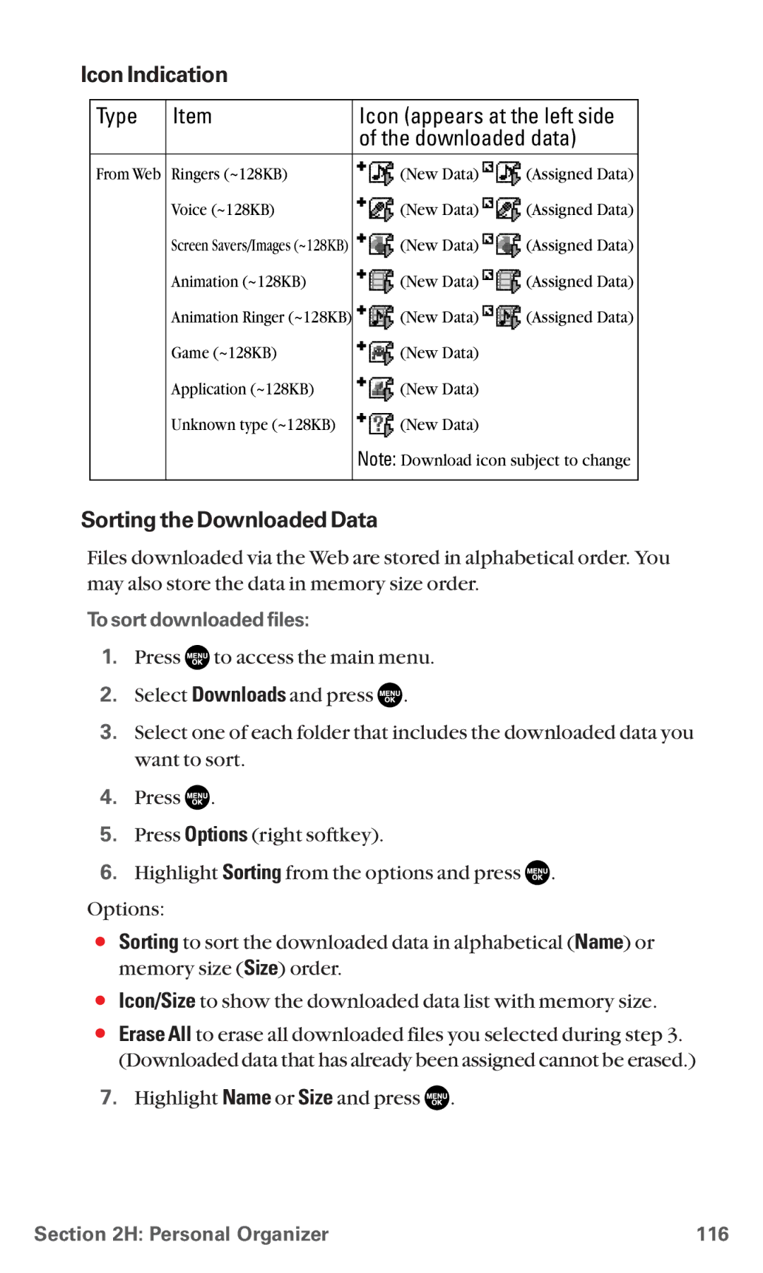 Sanyo RL7300 manual Icon Indication, Sorting the Downloaded Data, To sort downloaded files, Personal Organizer 116 