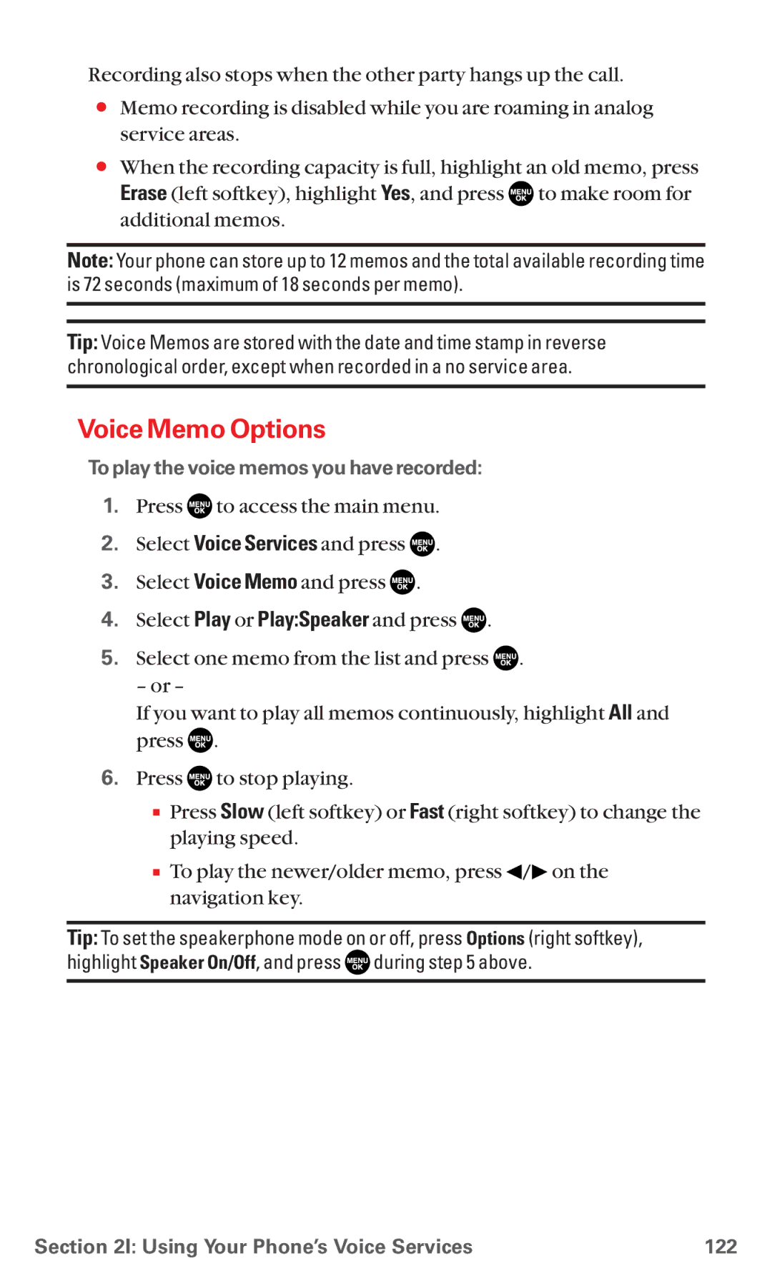 Sanyo RL7300 manual Voice Memo Options, To play the voice memos you have recorded, Using Your Phone’s Voice Services 122 