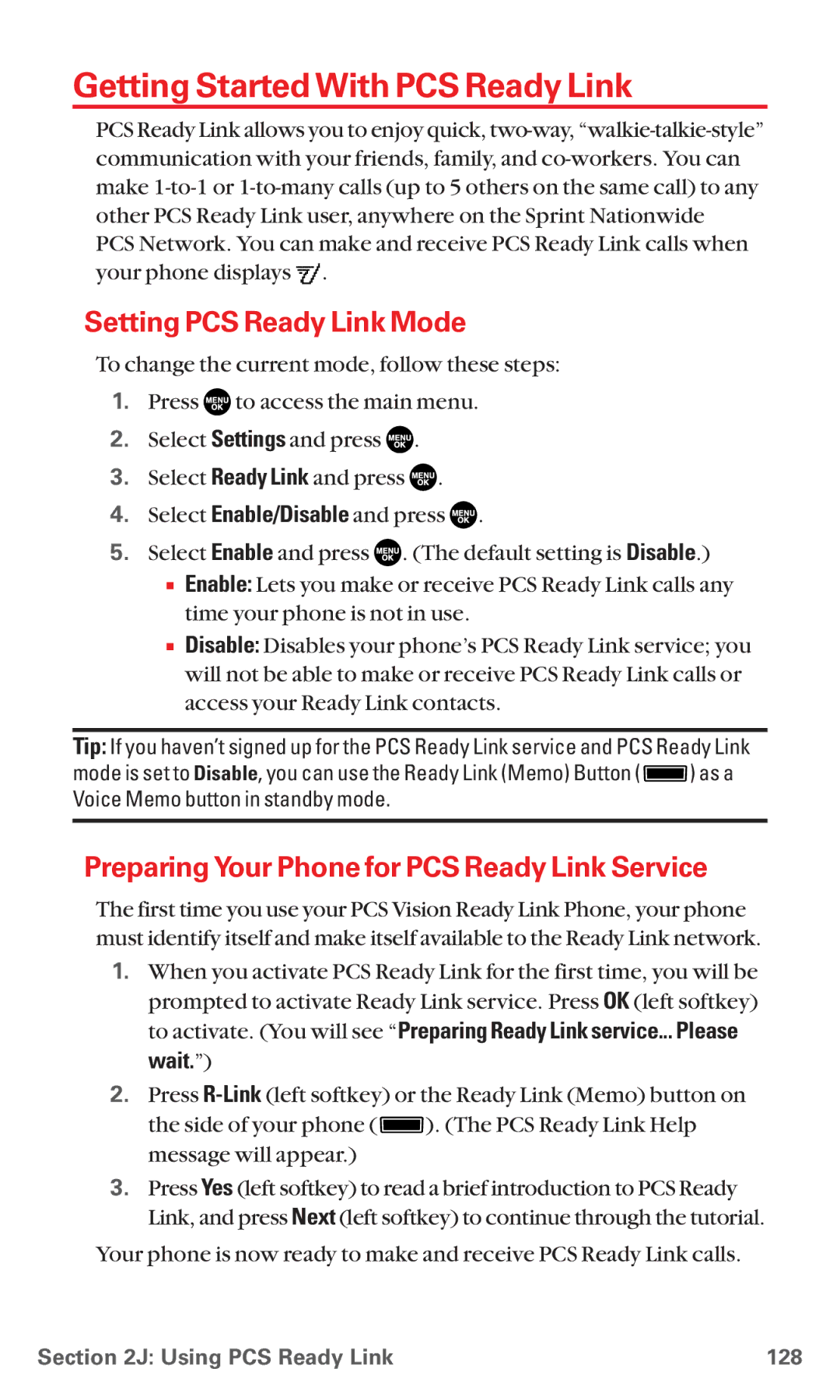 Sanyo RL7300 manual Getting Started With PCS Ready Link, Setting PCS Ready Link Mode, Using PCS Ready Link 128 