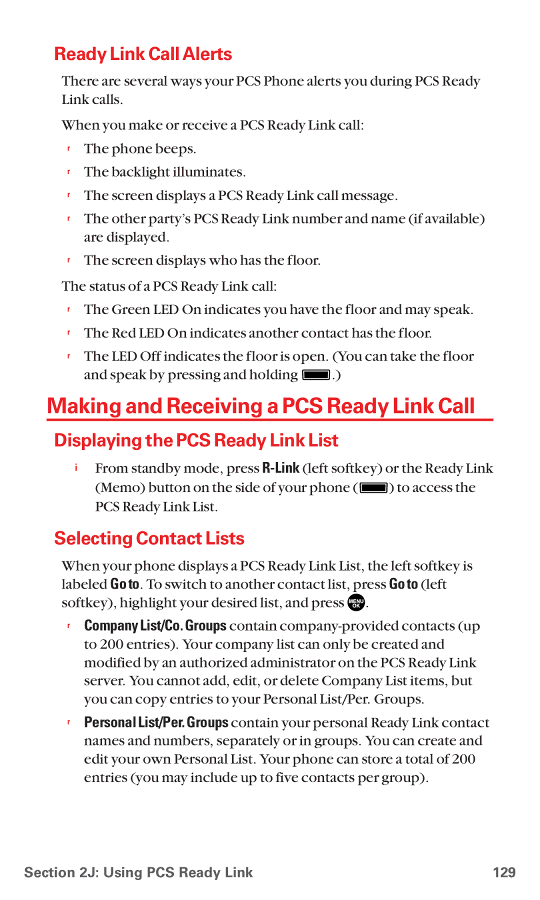 Sanyo RL7300 manual Making and Receiving a PCS Ready Link Call, Ready Link Call Alerts, Displaying the PCS Ready Link List 