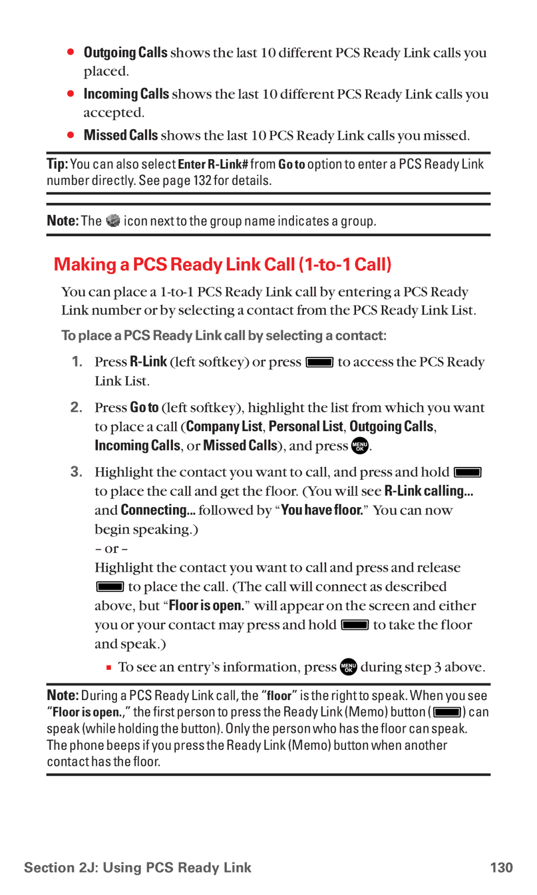 Sanyo RL7300 manual Making a PCS Ready Link Call 1-to-1 Call, To place a PCS Ready Link call by selecting a contact 