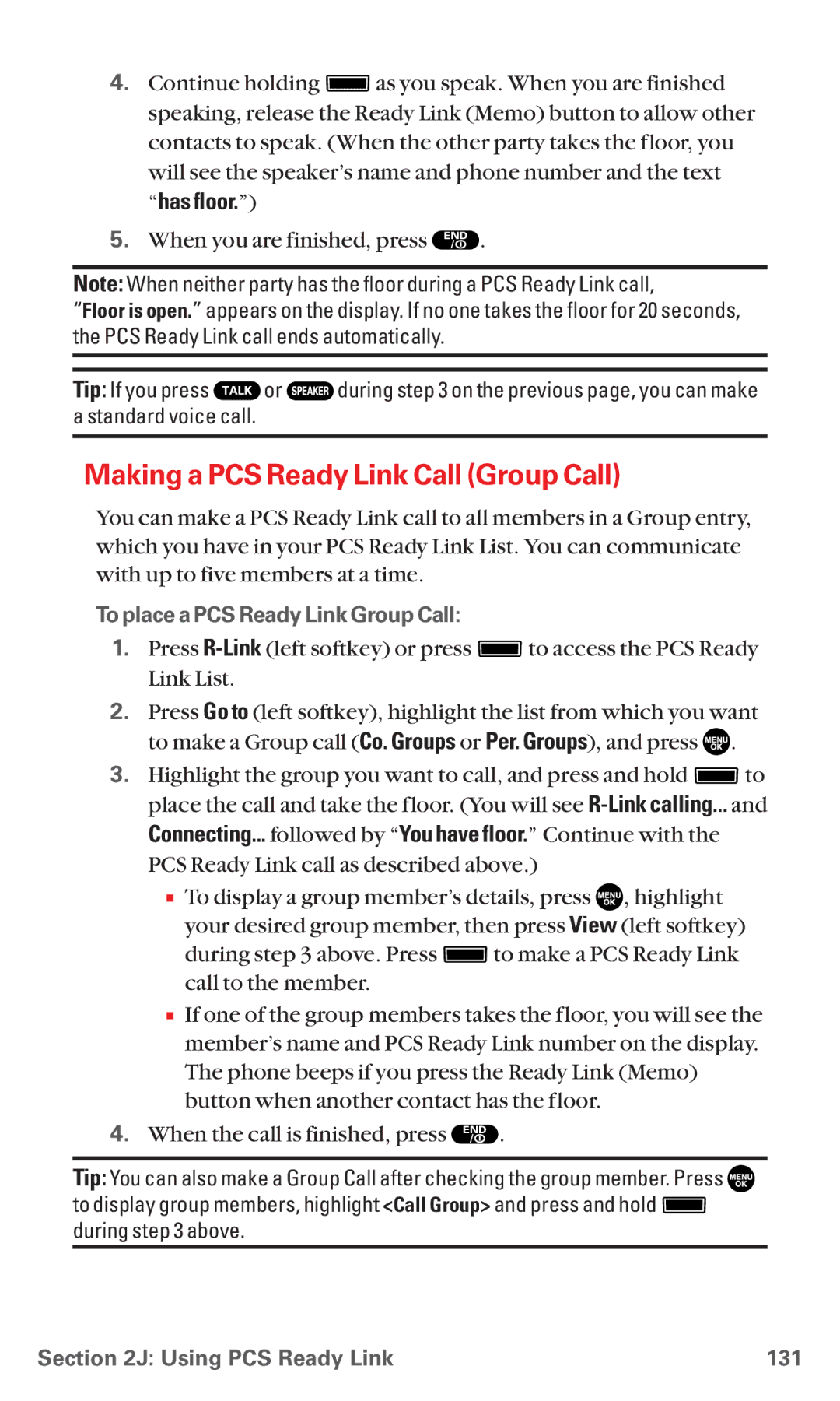 Sanyo RL7300 manual Making a PCS Ready Link Call Group Call, To place a PCS Ready Link Group Call, Using PCS Ready Link 131 