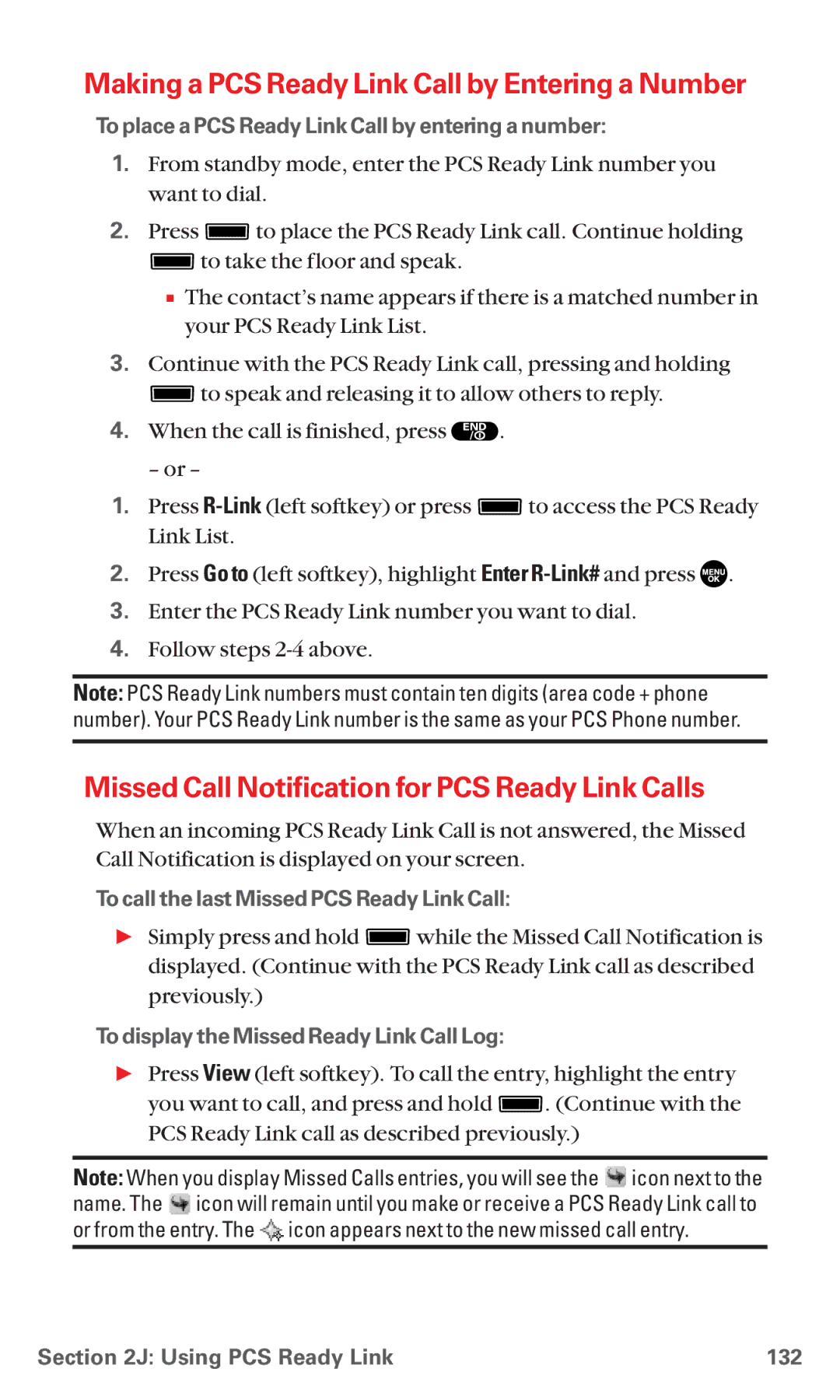 Sanyo RL7300 manual Making a PCS Ready Link Call by Entering a Number, Missed Call Notification for PCS Ready Link Calls 