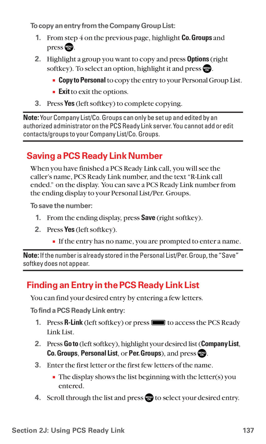 Sanyo RL7300 manual Saving a PCS Ready Link Number, Finding an Entry in the PCS Ready Link List 