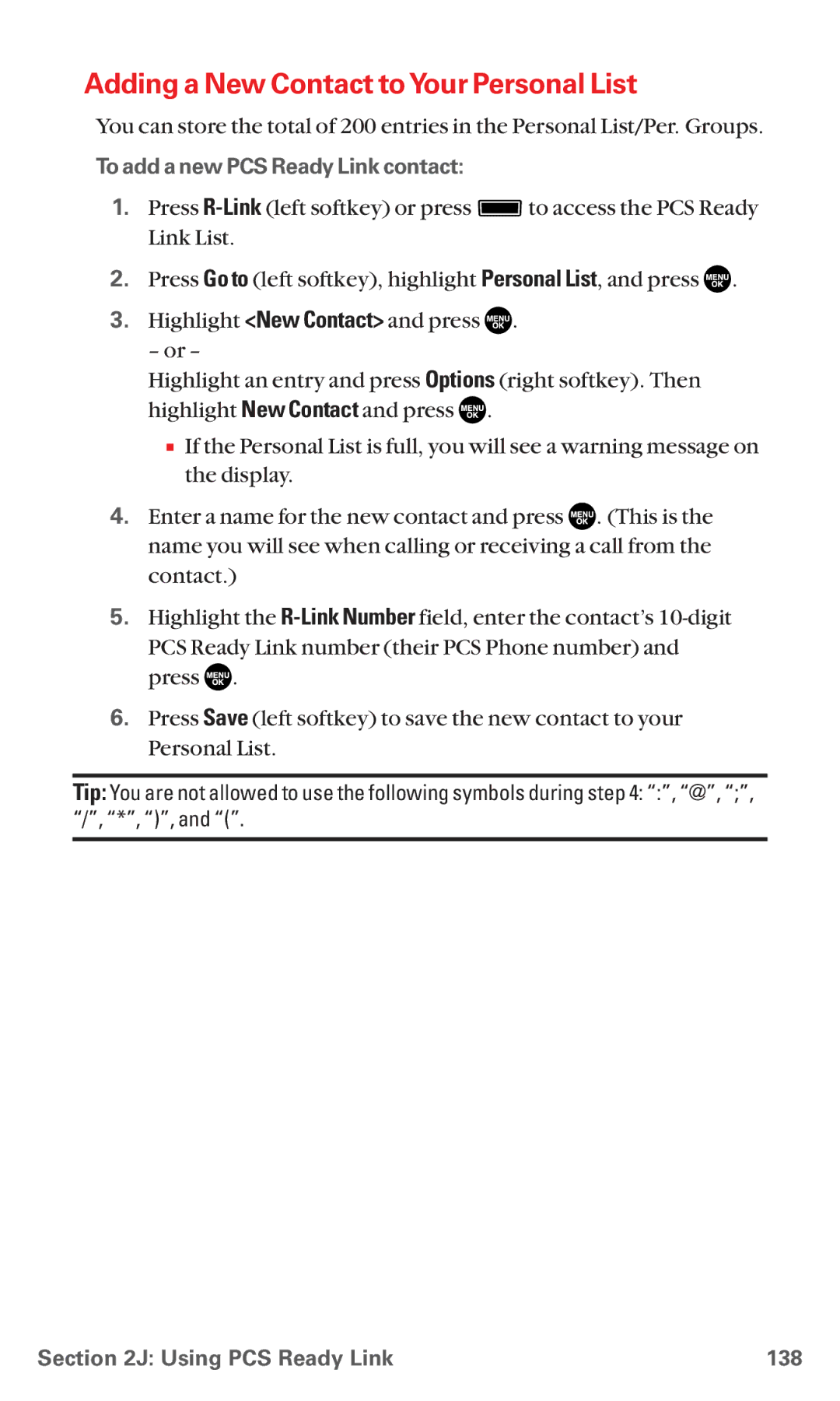 Sanyo RL7300 Adding a New Contact to Your Personal List, To add a new PCS Ready Link contact, Using PCS Ready Link 138 