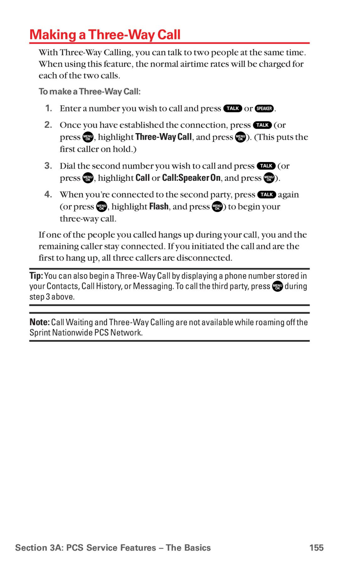 Sanyo RL7300 manual Making a Three-Way Call, To make aThree-Way Call, PCS Service Features The Basics 155 