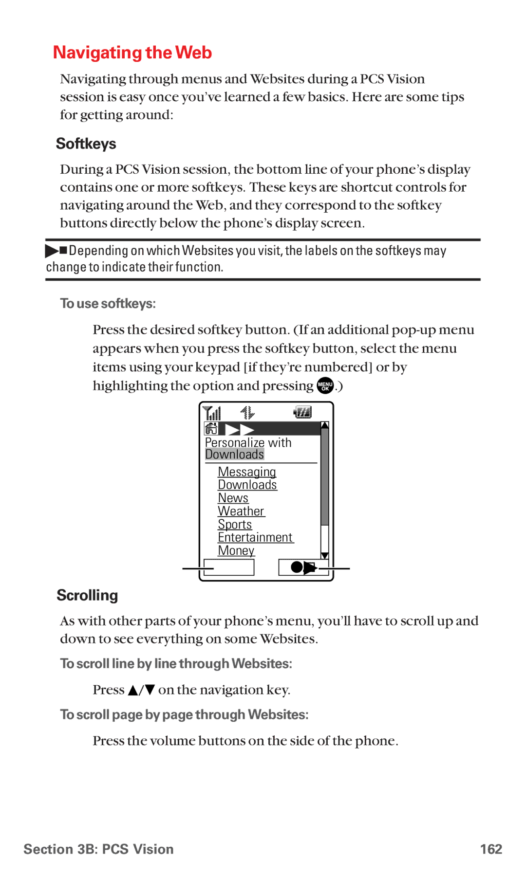 Sanyo RL7300 manual Navigating the Web, Softkeys, Scrolling 