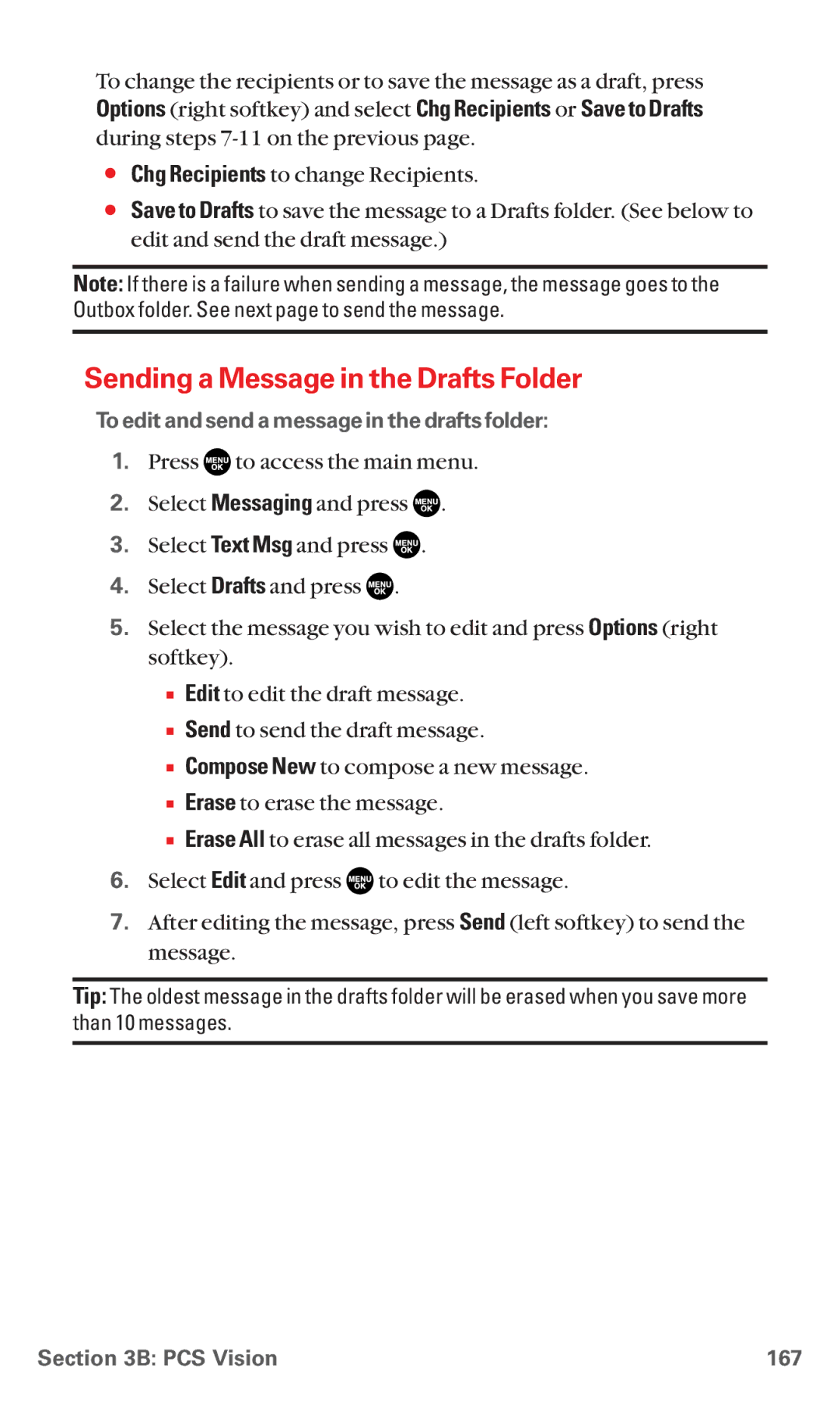 Sanyo RL7300 manual Sending a Message in the Drafts Folder, To edit and send a message in the drafts folder, PCS Vision 167 