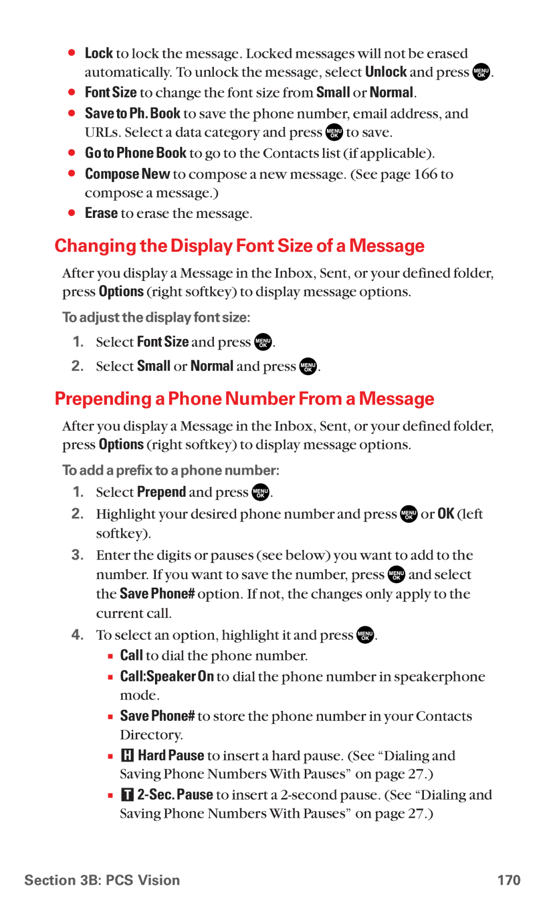 Sanyo RL7300 manual Changing the Display Font Size of a Message, Prepending a Phone Number From a Message, PCS Vision 170 