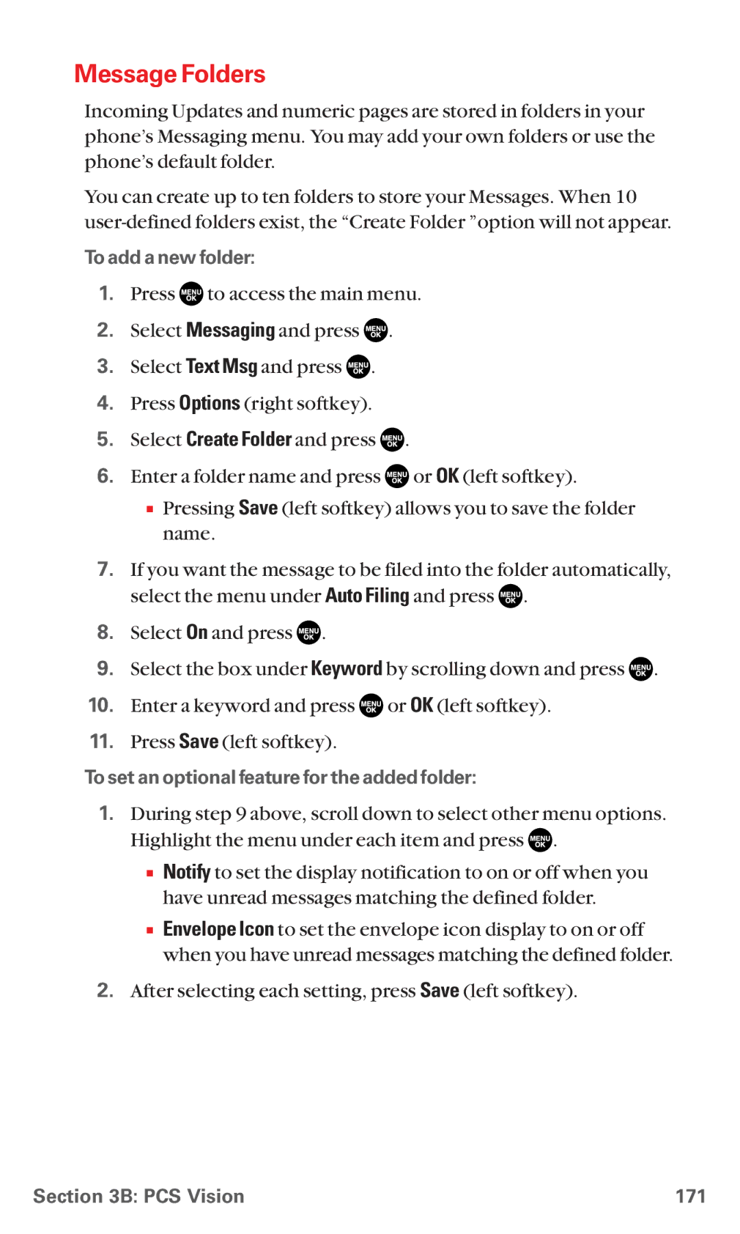 Sanyo RL7300 manual Message Folders, To add a new folder, To set an optional feature for the added folder, PCS Vision 171 