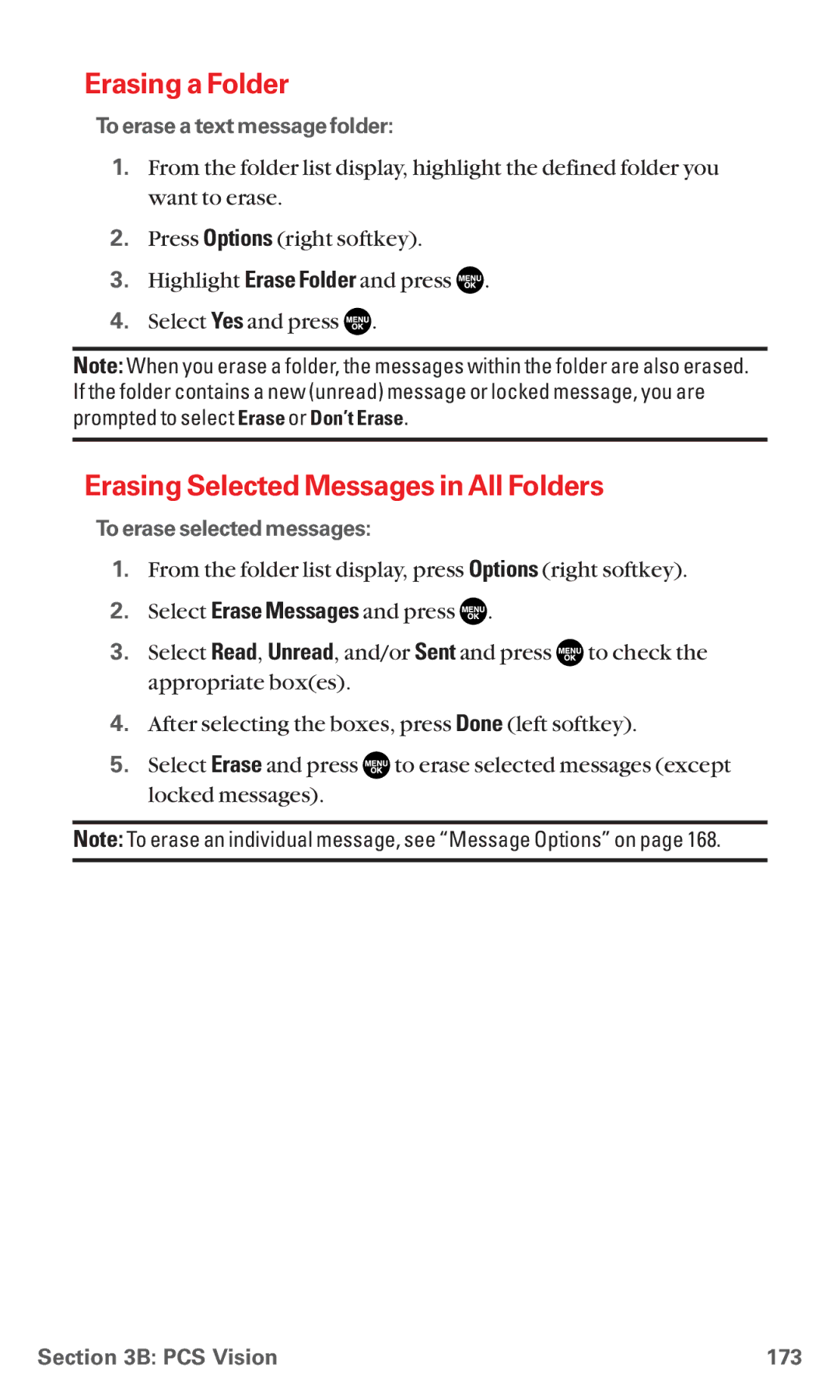 Sanyo RL7300 Erasing a Folder, Erasing Selected Messages in All Folders, To erase a text message folder, PCS Vision 173 