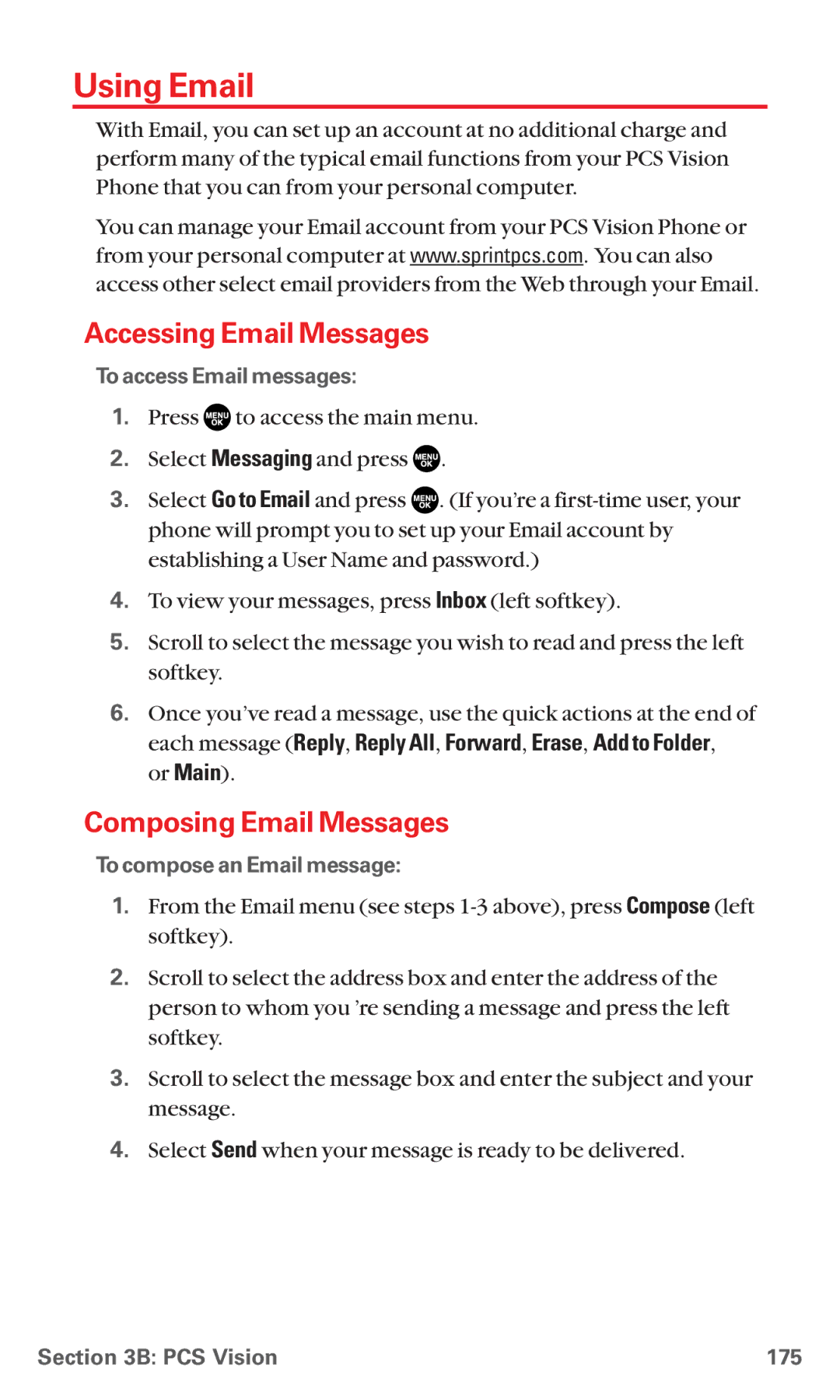 Sanyo RL7300 manual Using Email, Accessing Email Messages, Composing Email Messages 