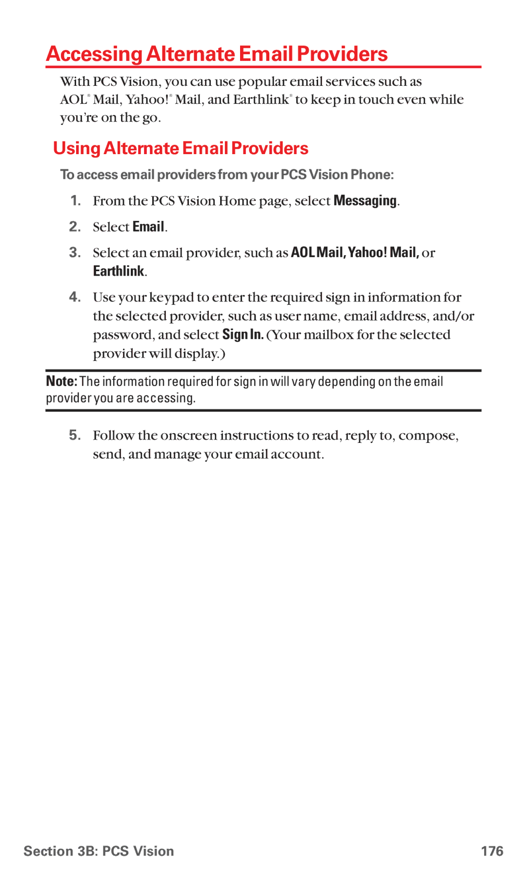 Sanyo RL7300 manual Accessing Alternate Email Providers, Using Alternate Email Providers, Earthlink, PCS Vision 176 